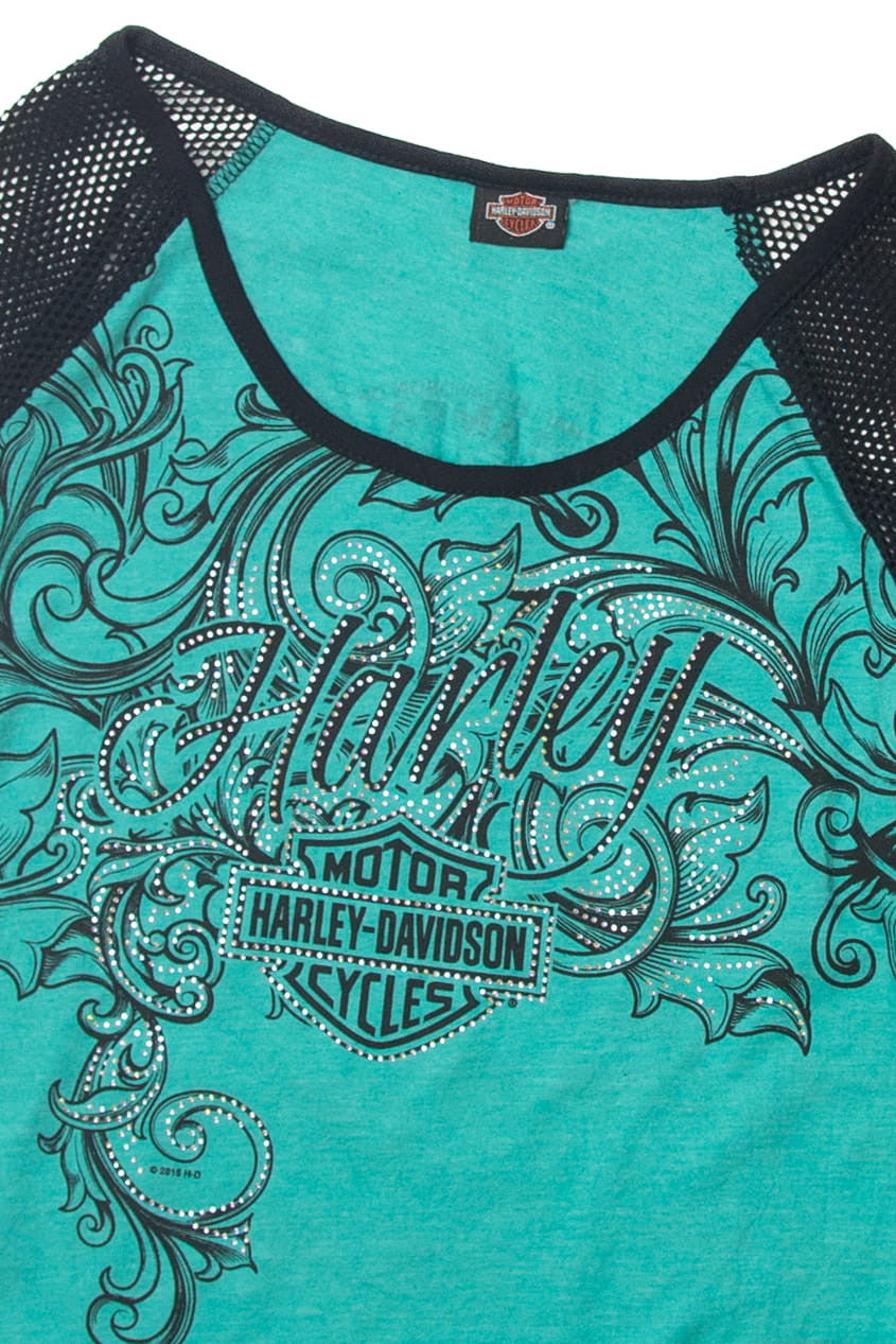 Teal Sleeve Mesh Stitch Harley Davidson T-Shirt (2010s)