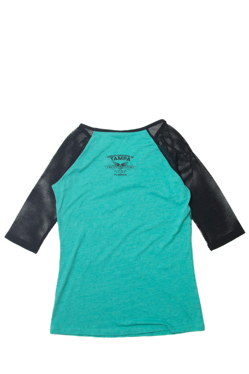 Teal Sleeve Mesh Stitch Harley Davidson T-Shirt (2010s)