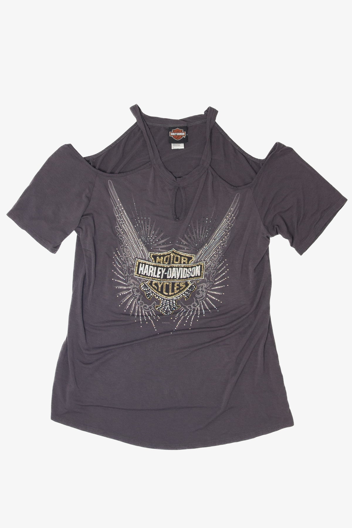 Recycled Cold Shoulder Rhinestones Harley Davidson T-Shirt (2020s)