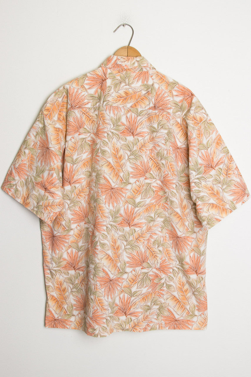 (Coral) Leaf Print Vintage Hawaiian Shirt
