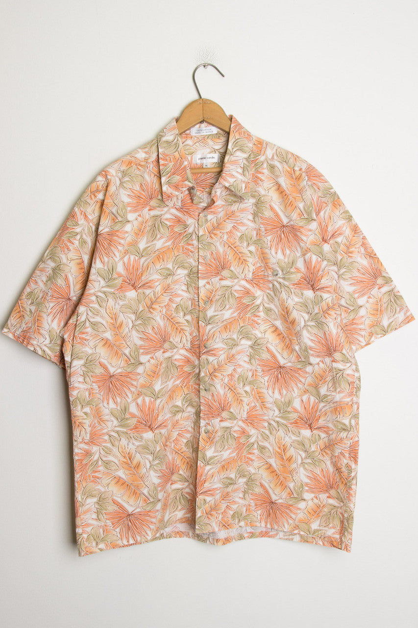 (Coral) Leaf Print Vintage Hawaiian Shirt