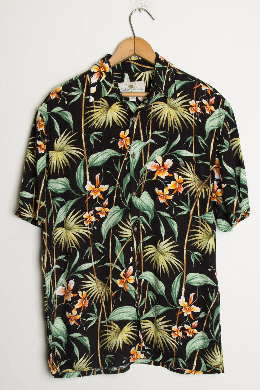 (Black) Flower Print Hawaiian Shirt