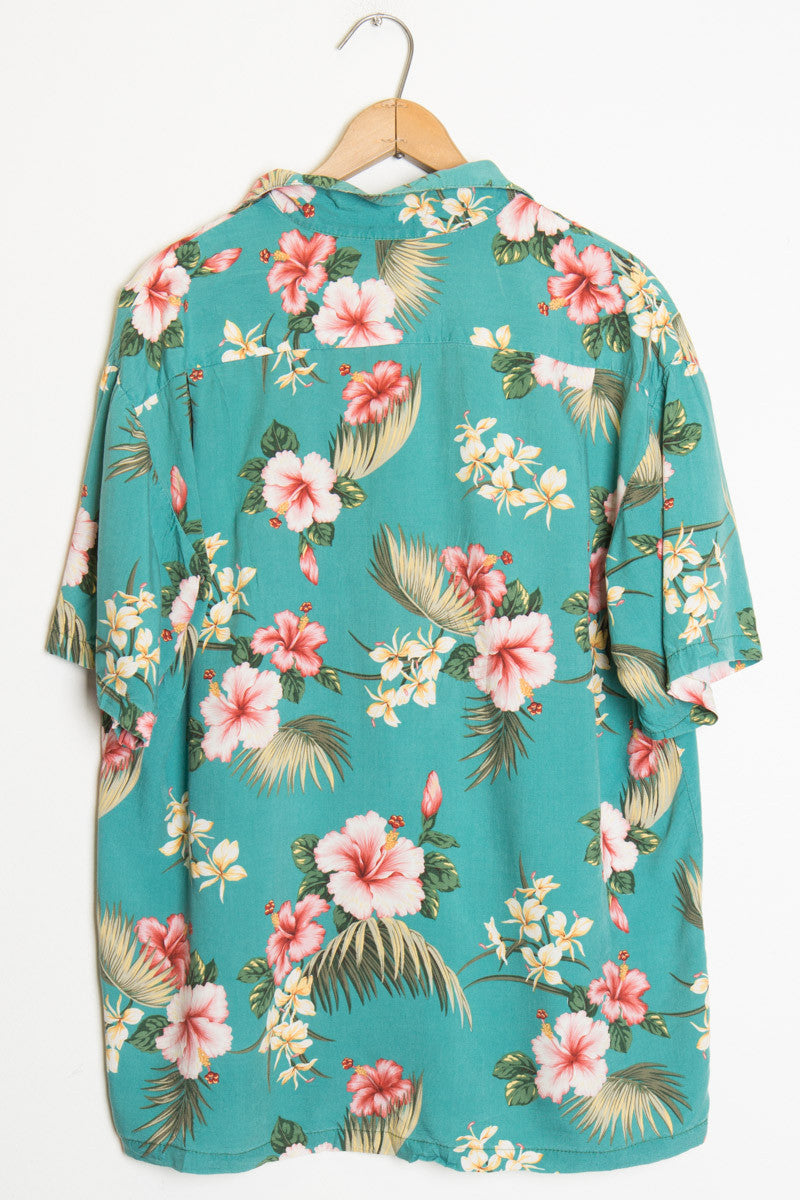 Teal Hibiscus Vintage Hawaiian Shirt