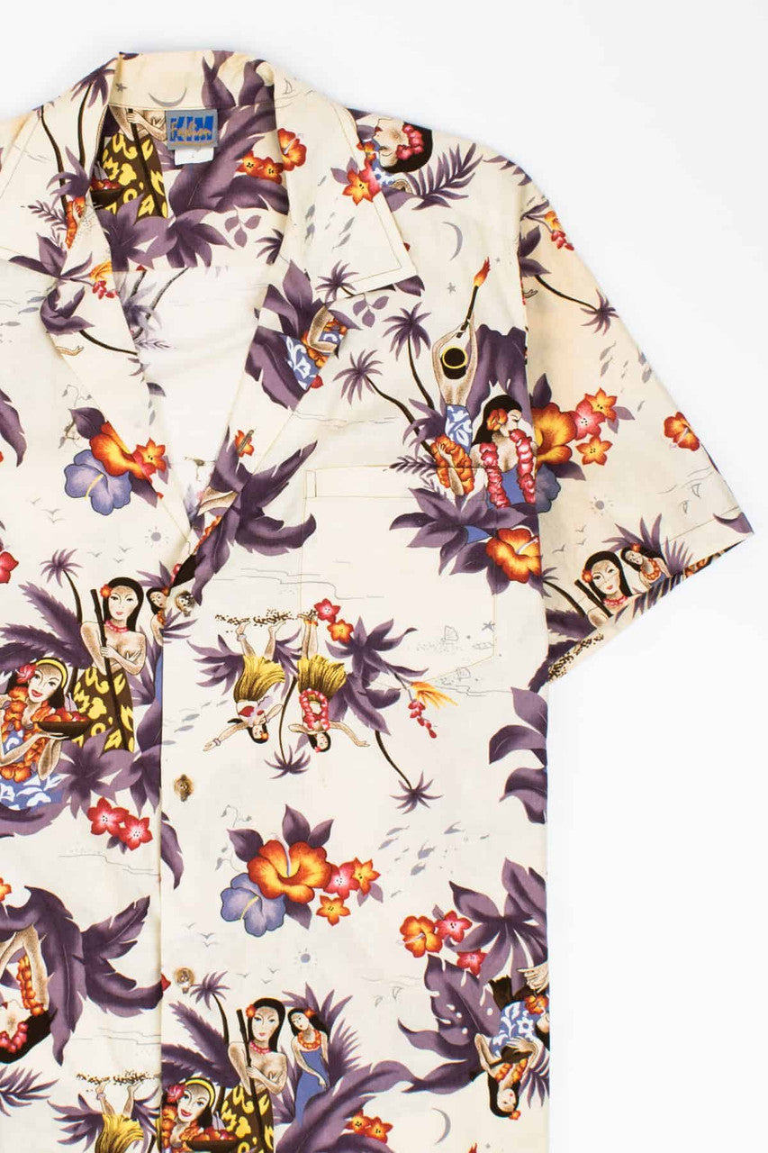Vintage Printed Hula Dancers Camp Hawaiian Shirt