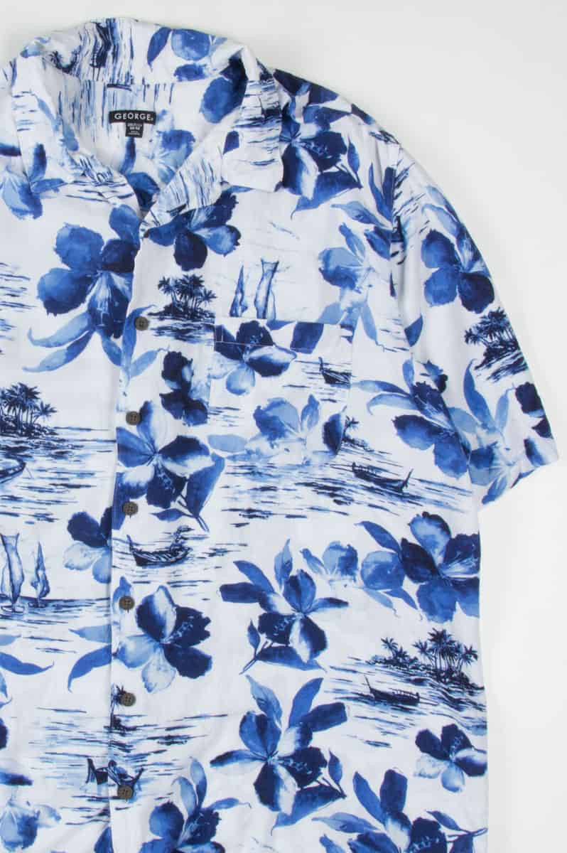 Indigo Watercolor Flowers & Sailboats Hawaiian Shirt