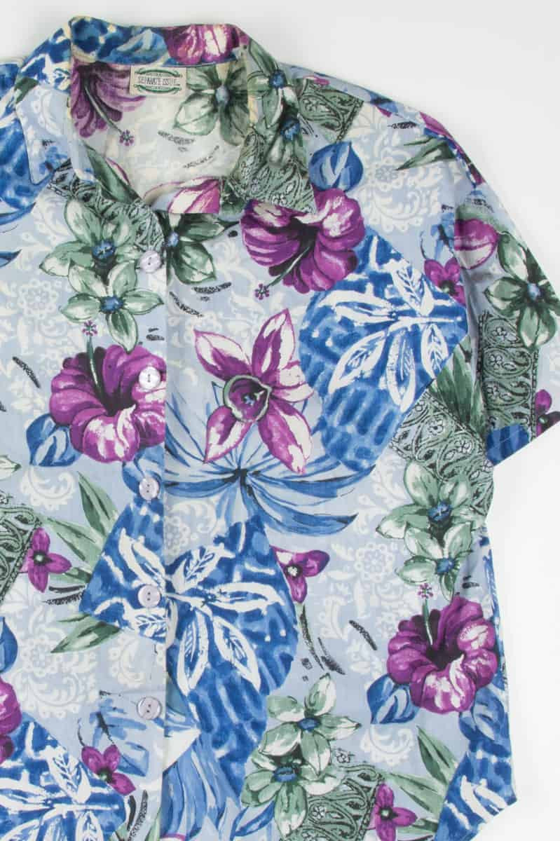 Blue Abstract Floral Vintage Hawaiian Shirt