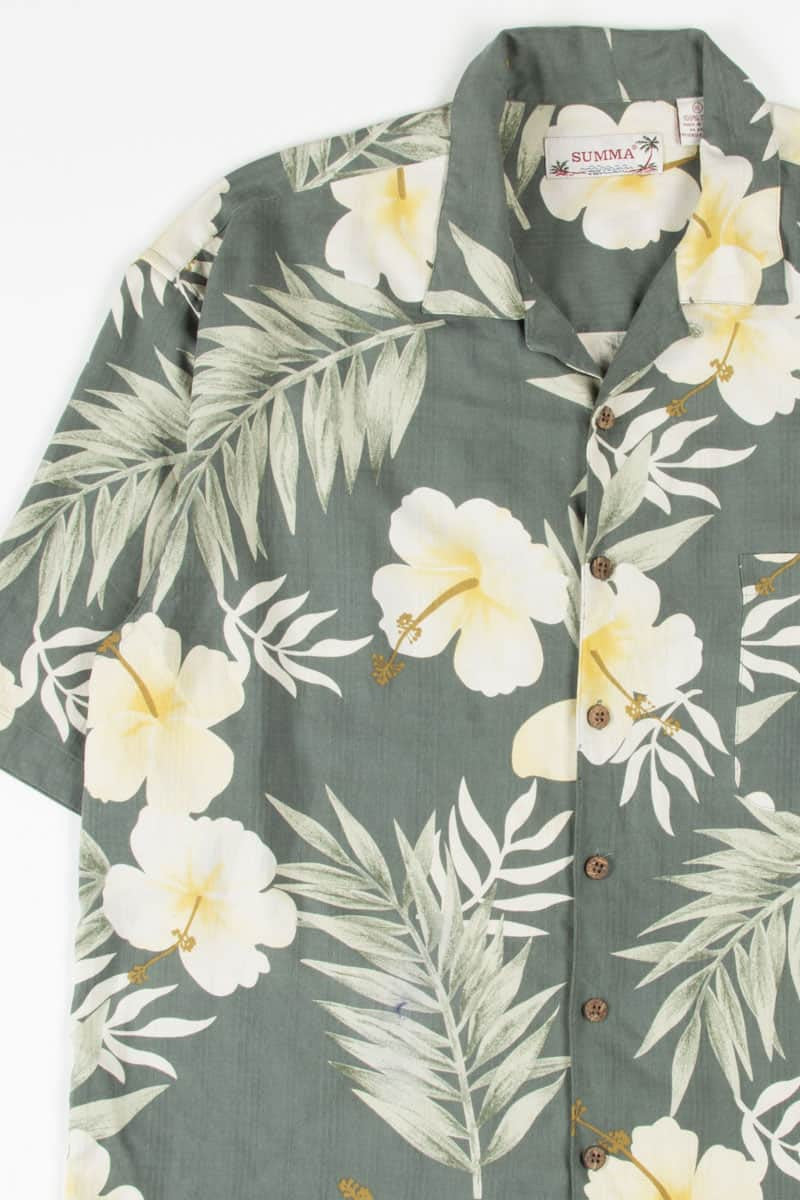 Large Olive Hibiscus Print Hawaiian Shirt