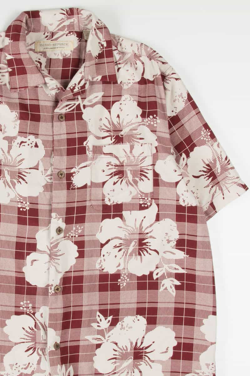 Burgundy Plaid Hibiscus Hawaiian Shirt