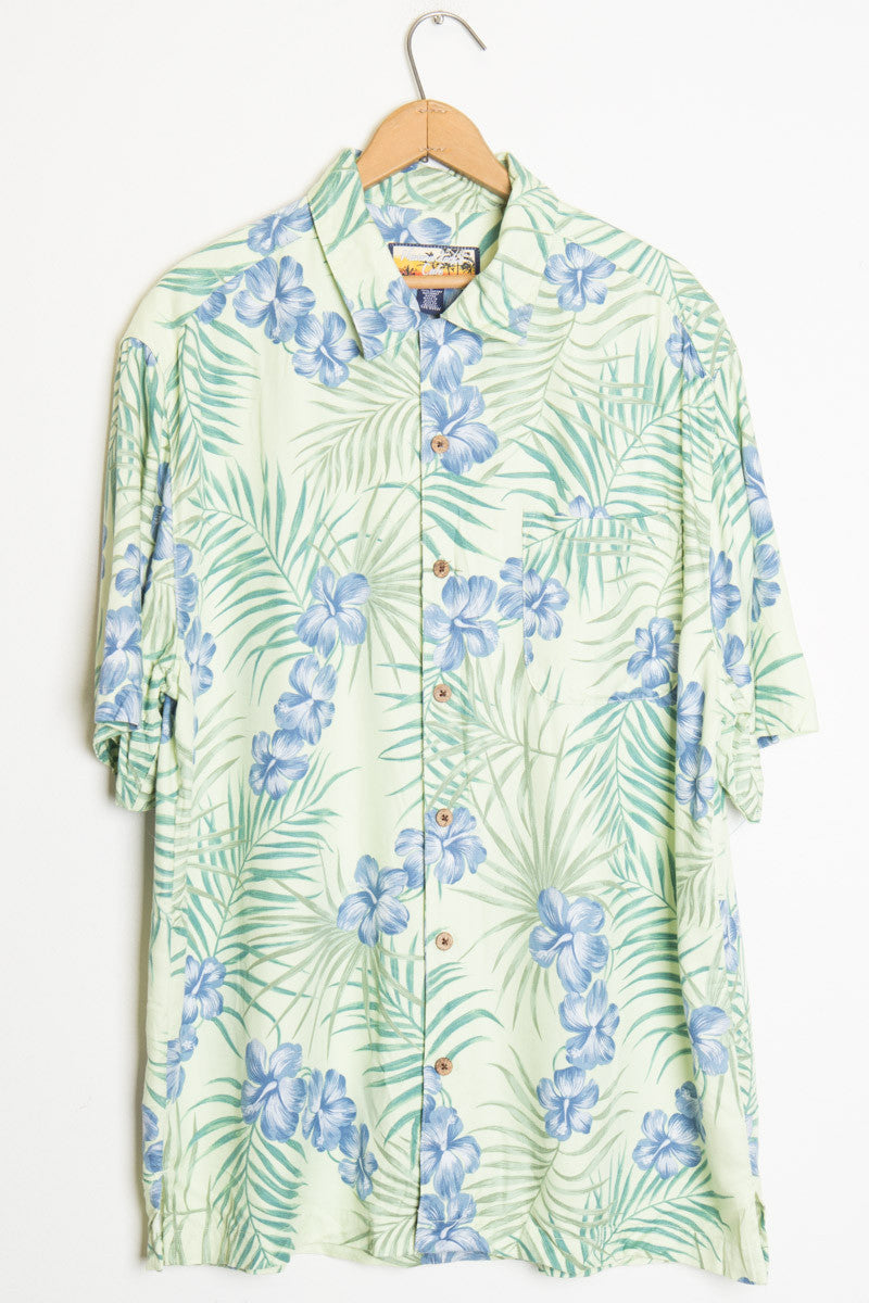 Green and Blue Hibiscus Vintage Hawaiian Shirt