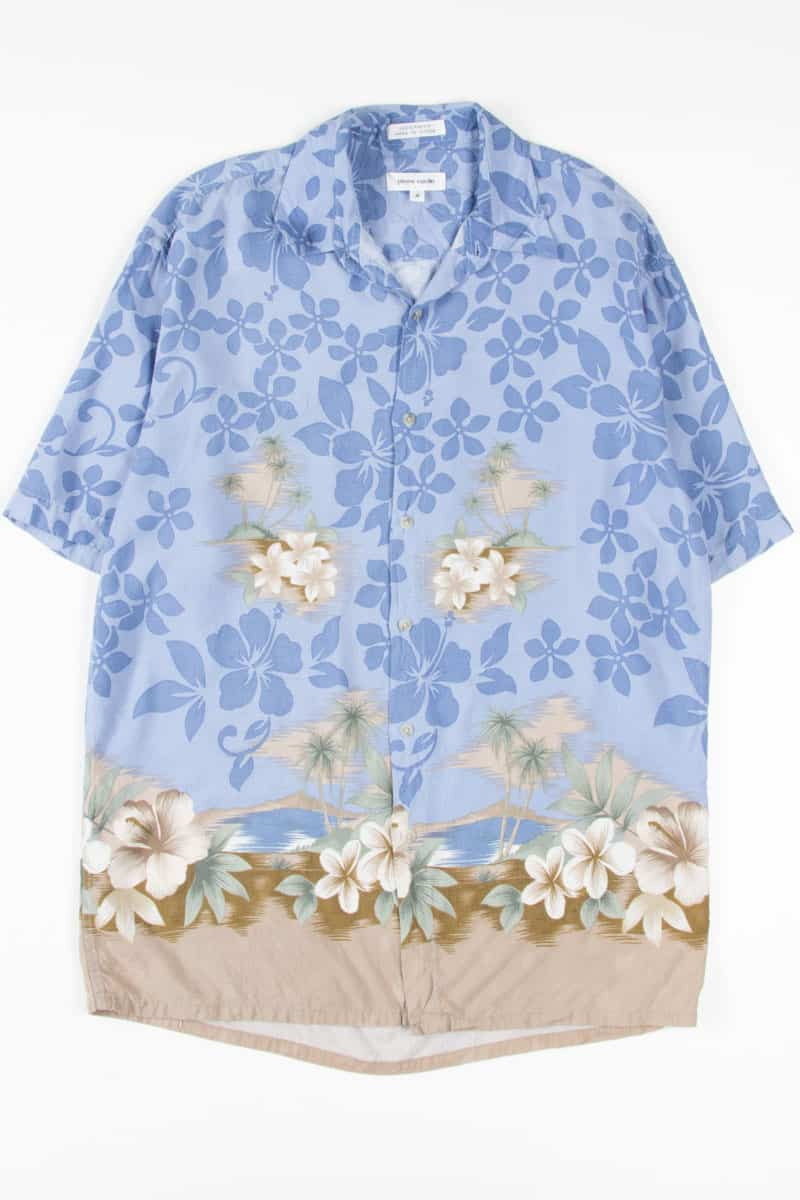 Blue Floral & Beach Scene Hawaiian Shirt
