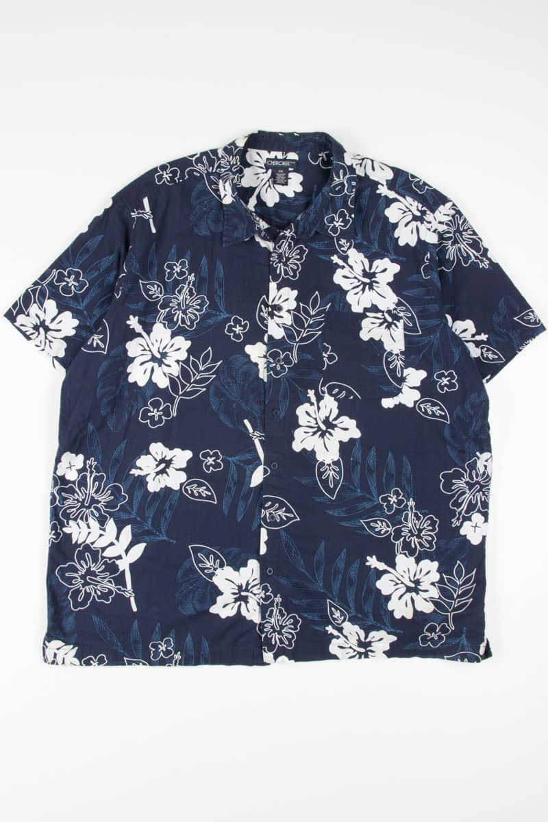 Blue 90s Hibiscus Print Hawaiian Shirt 1842