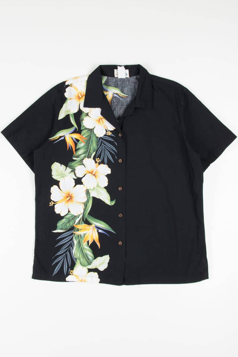 Black Hibiscus Side Stripe Hawaiian Shirt 1886