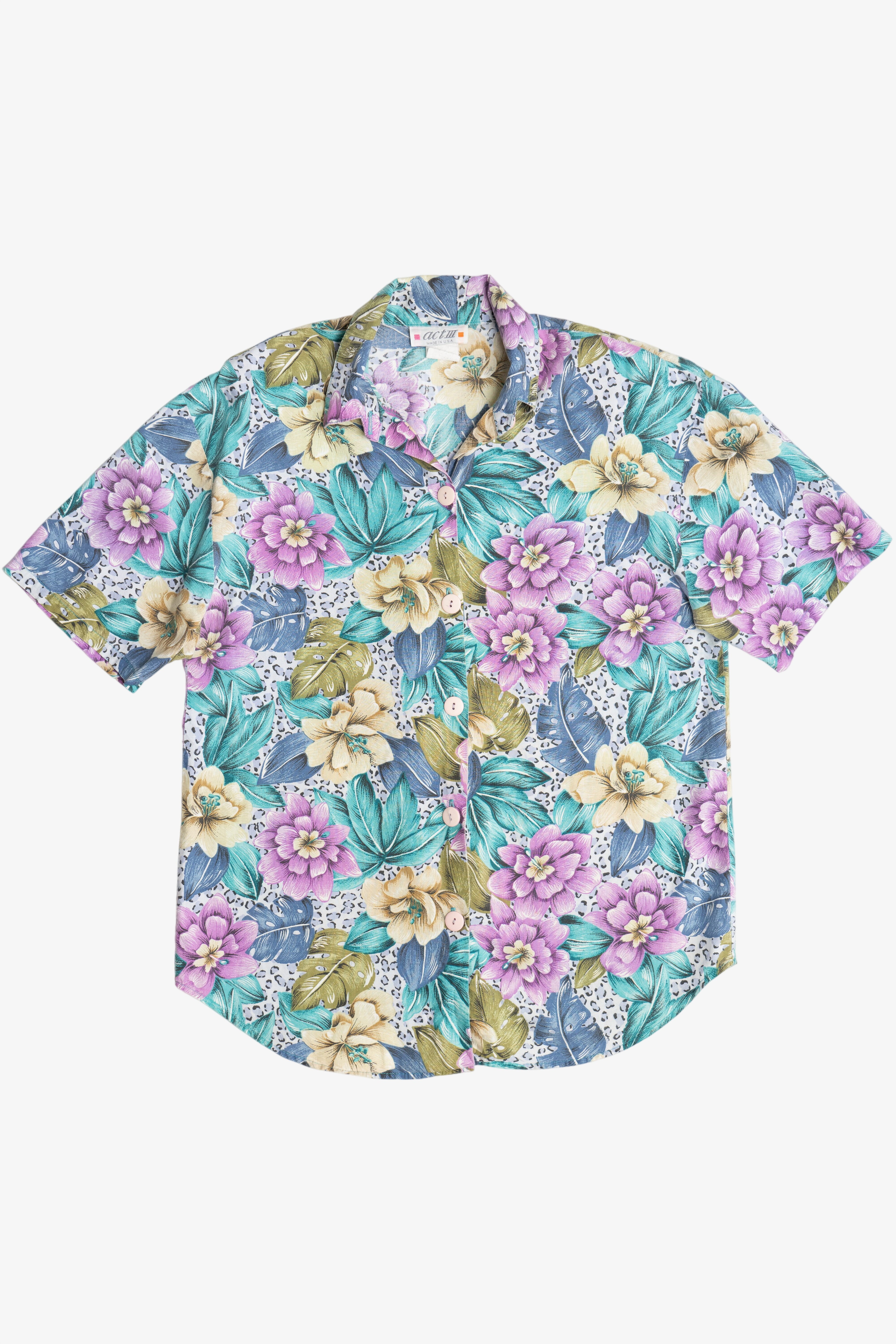 Vintage Floral Leopard Print Cotton Hawaiian Button Up (1980s)