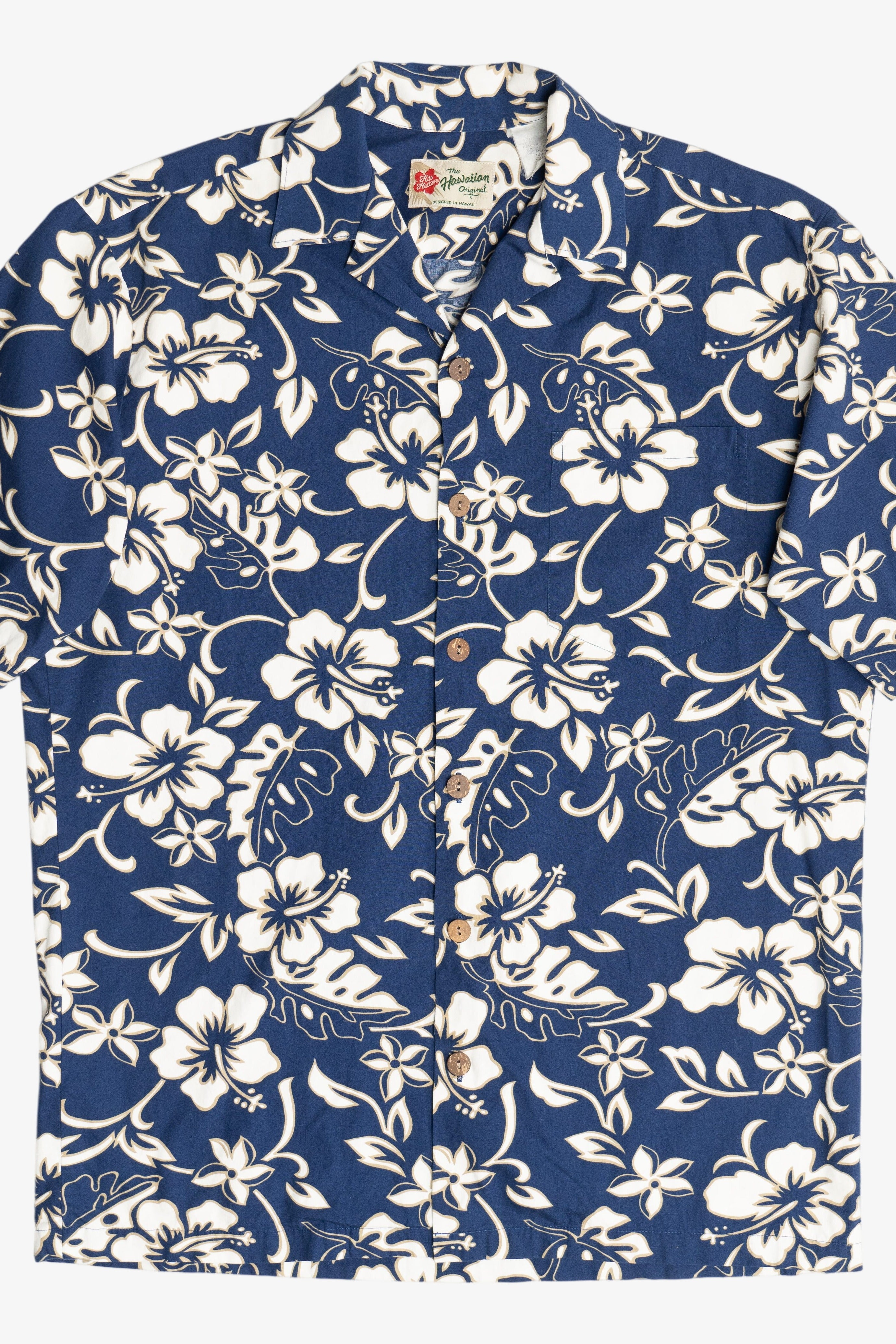 Vintage Hilo Hattie Navy Hibiscus Hawaiian Button Up Shirt (2000s)