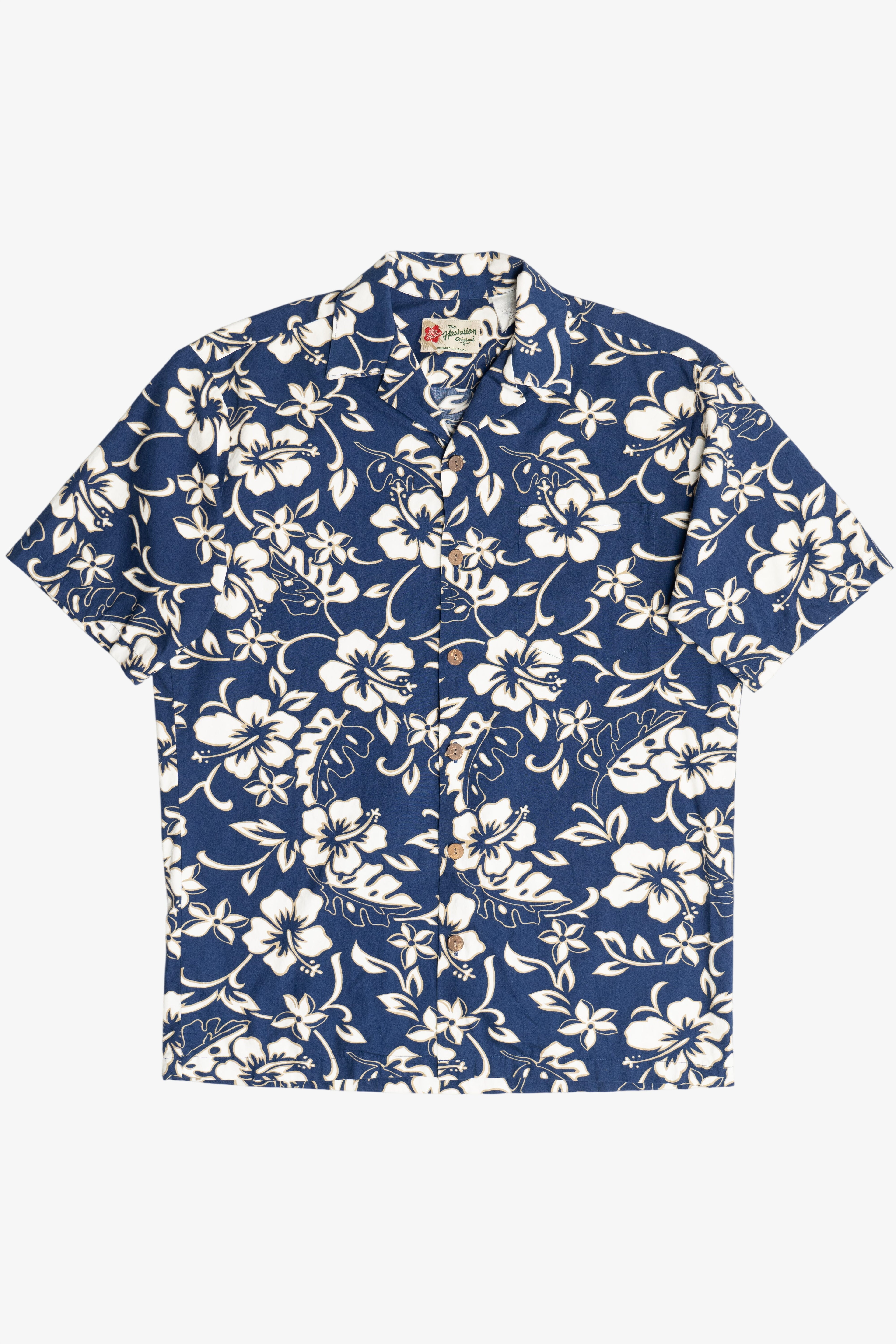 Vintage Hilo Hattie Navy Hibiscus Hawaiian Button Up Shirt (2000s)