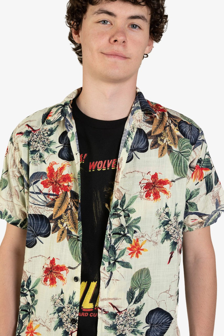 Beige & Navy Leaves Hawaiian Shirt