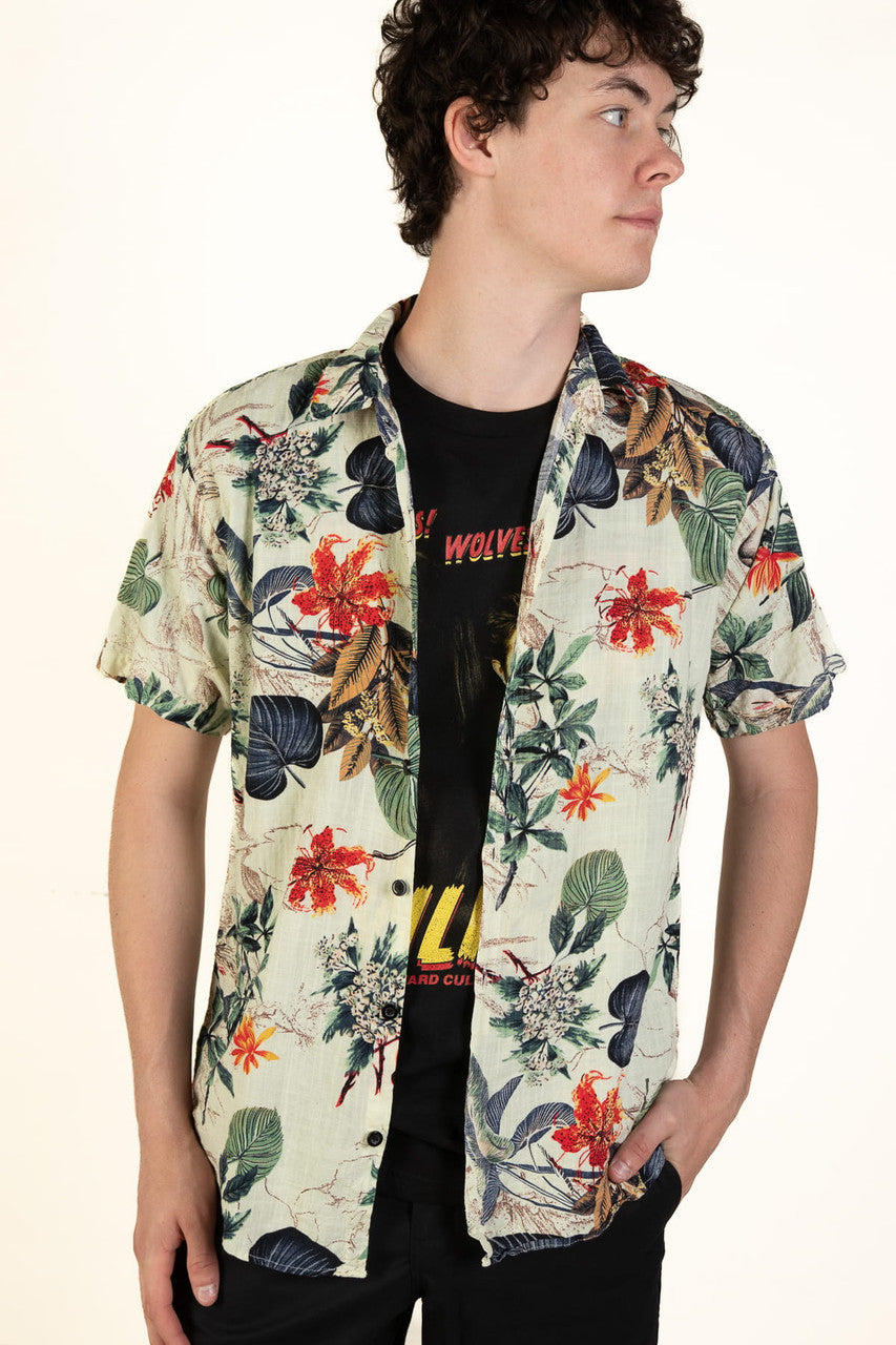Beige & Navy Leaves Hawaiian Shirt