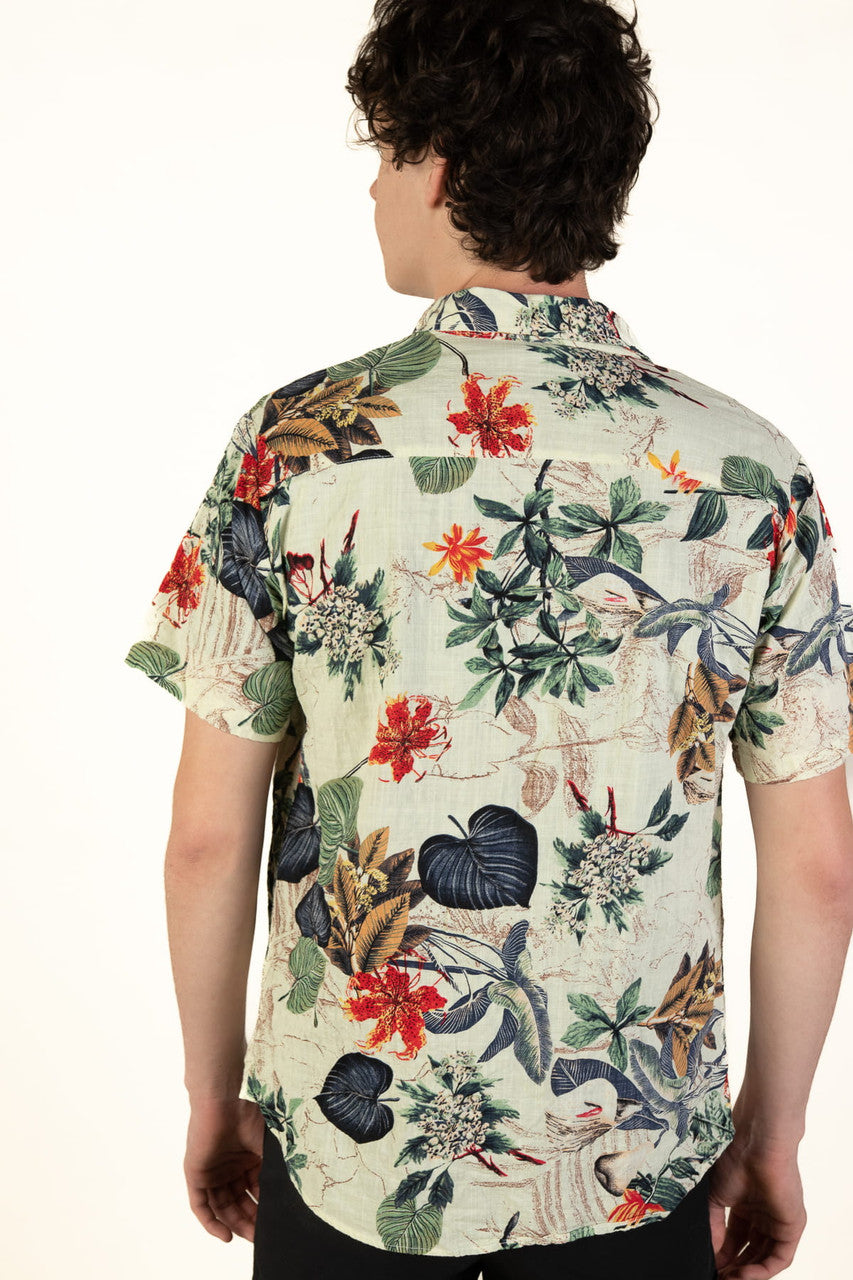 Beige & Navy Leaves Hawaiian Shirt