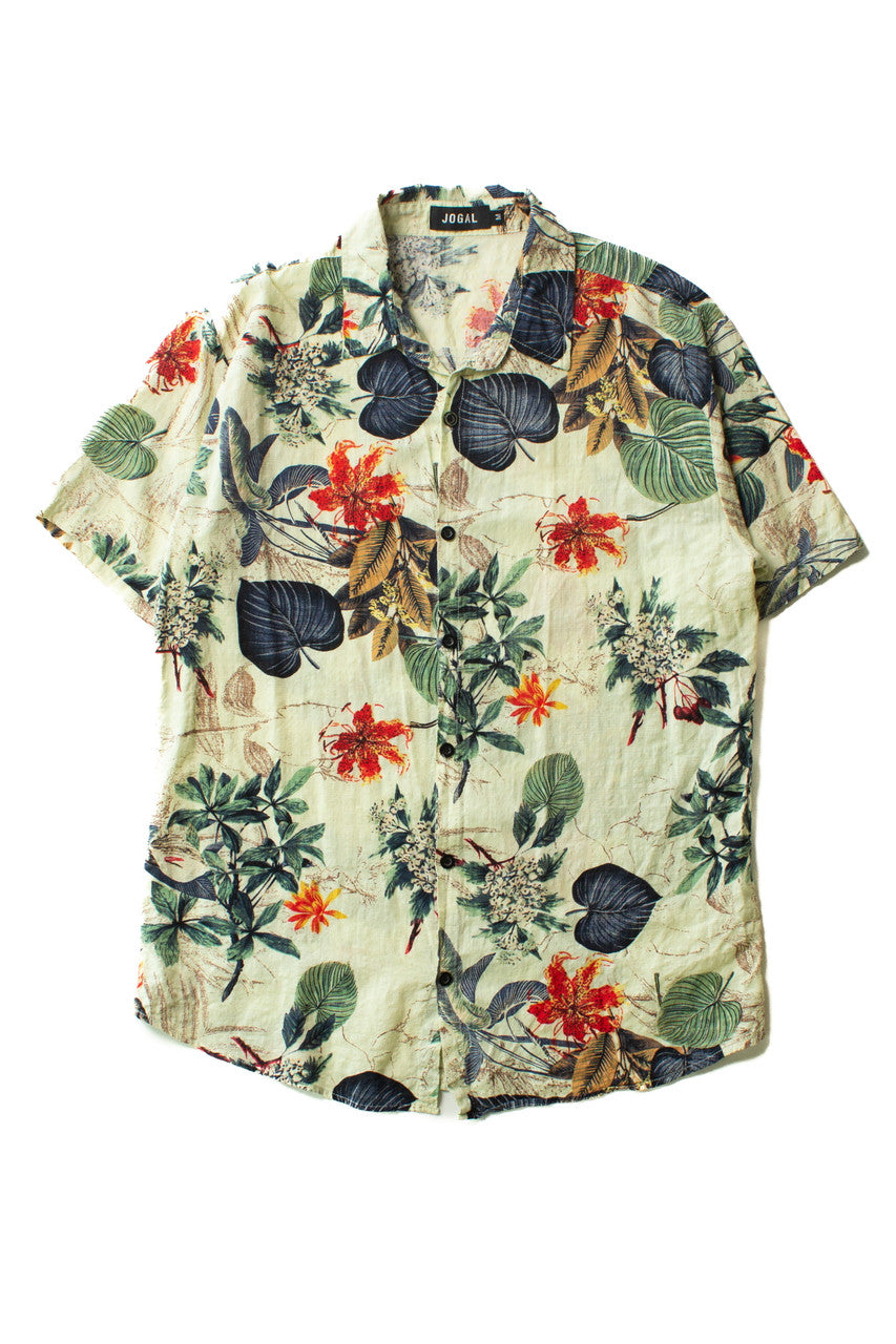 Beige & Navy Leaves Hawaiian Shirt