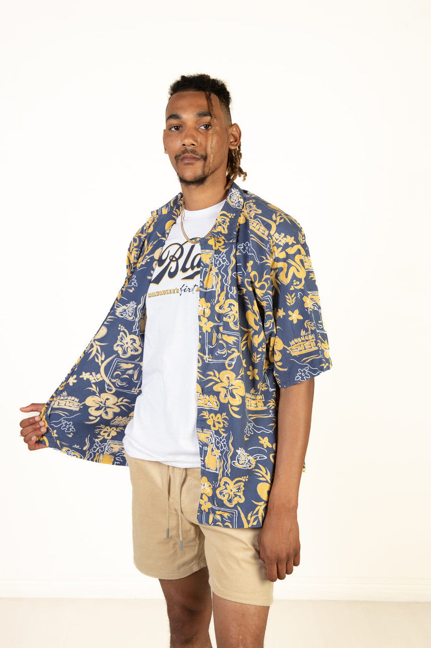 Vintage Blue & Yellow Ocean Pacific Hawaiian Shirt (1990s)