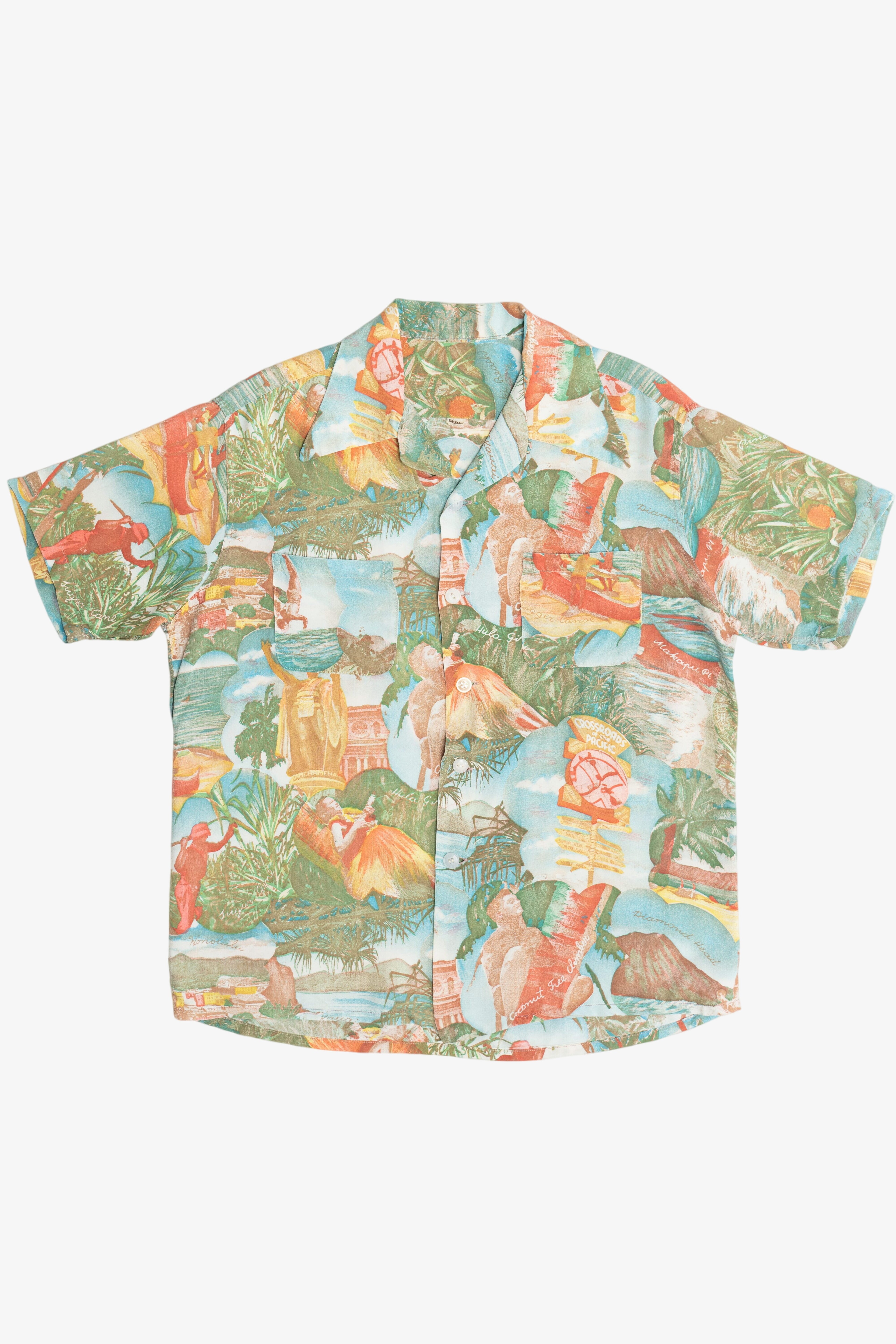 Vintage Rare Hawaiian Shirt With Loop Collar Surfing Hula 40/50s