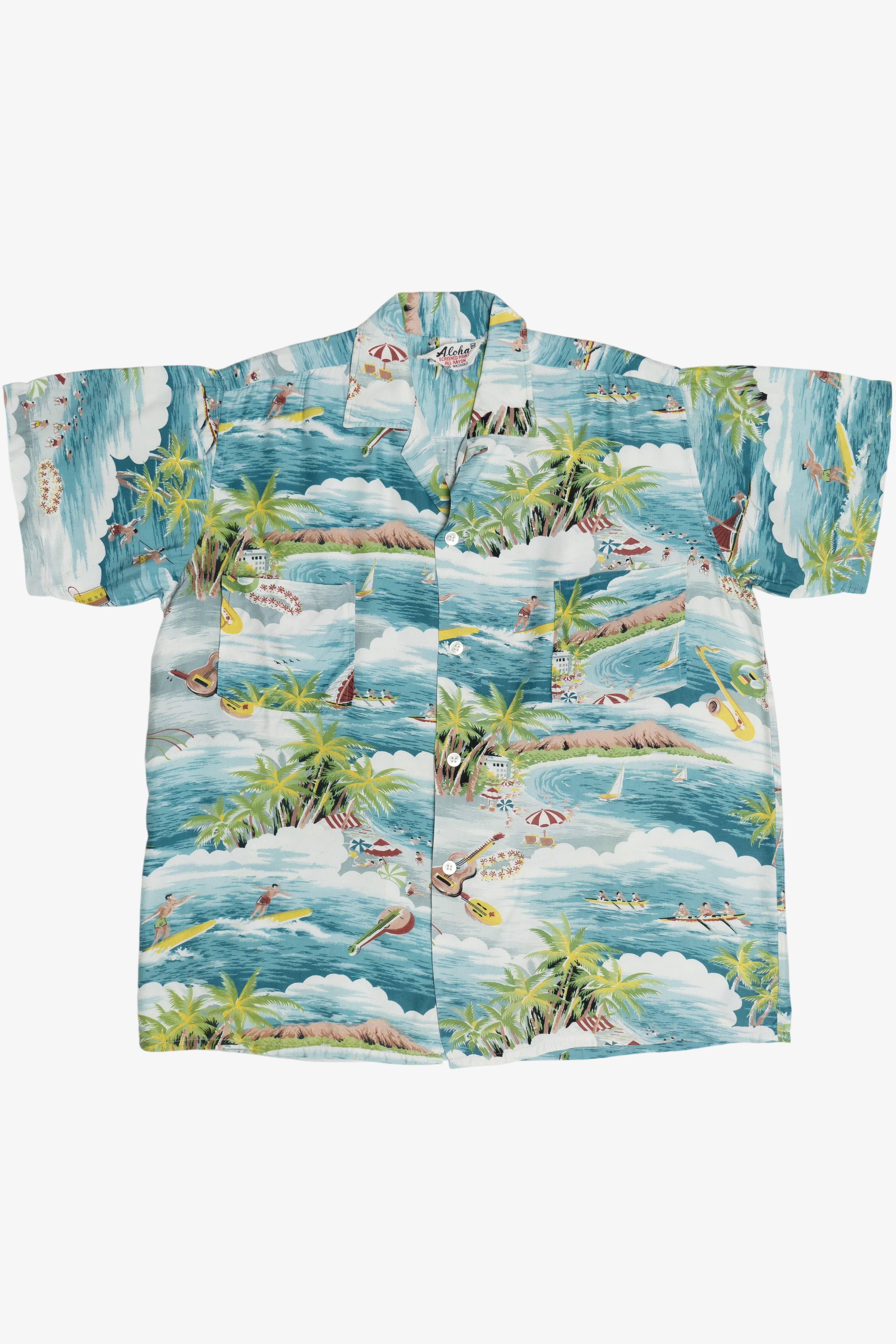 Rare Vintage Hawaiian Double Pocket Shirt With Loop Collar Aloha Rayon 40/50s