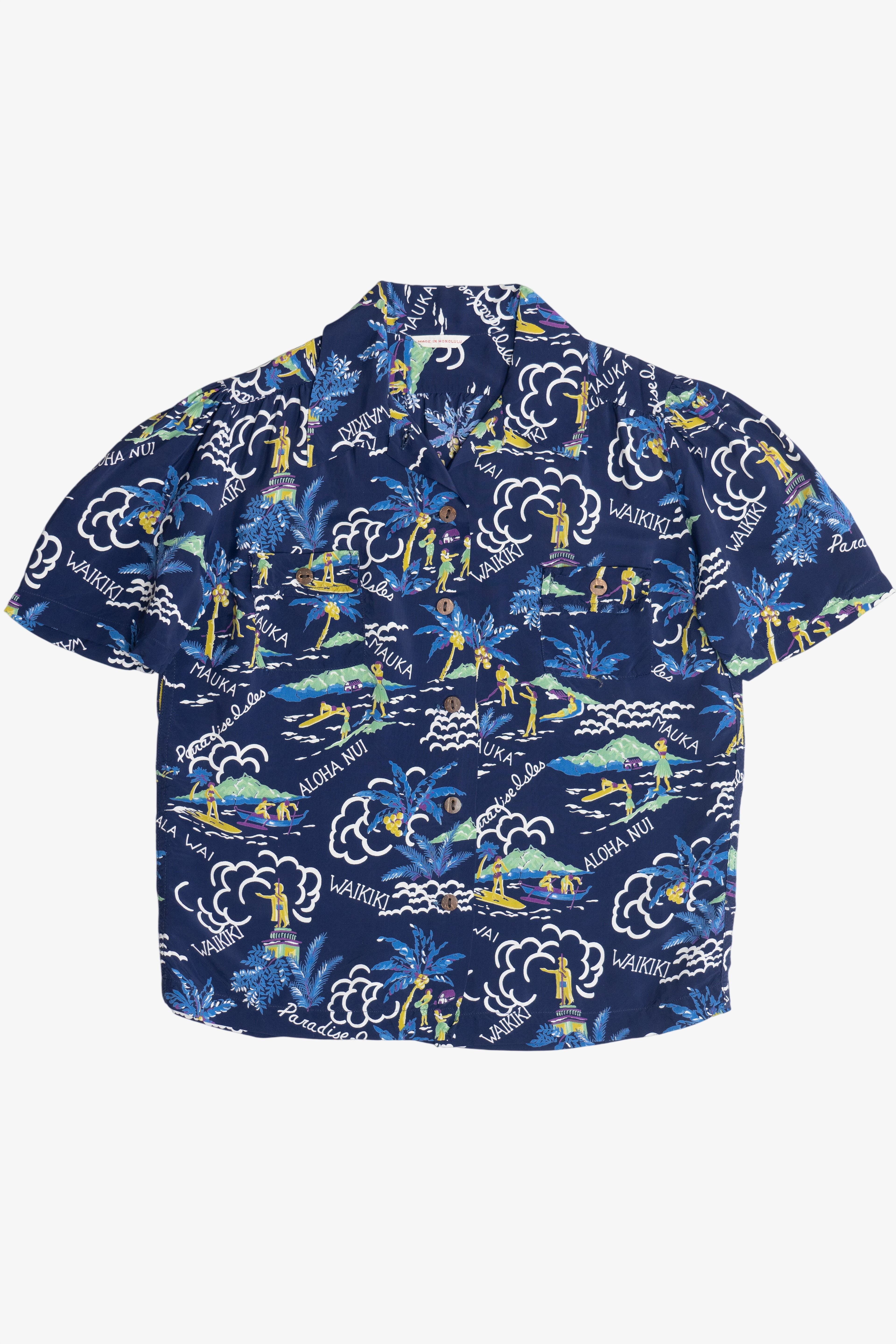 Rare Vintage Hawaiian Double Pocket Shirt With Loop Collar "Paradise Isles" Made In Honolulu 40/50s