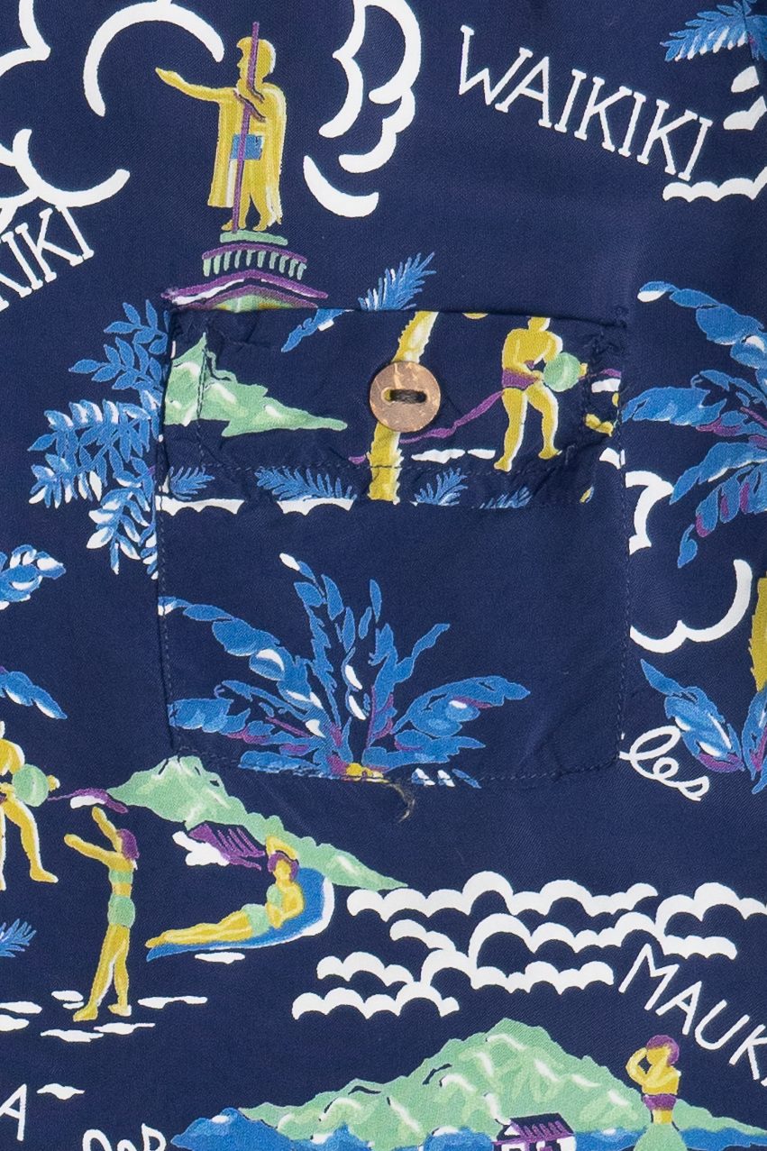 Rare Vintage Hawaiian Double Pocket Shirt With Loop Collar "Paradise Isles" Made In Honolulu 40/50s