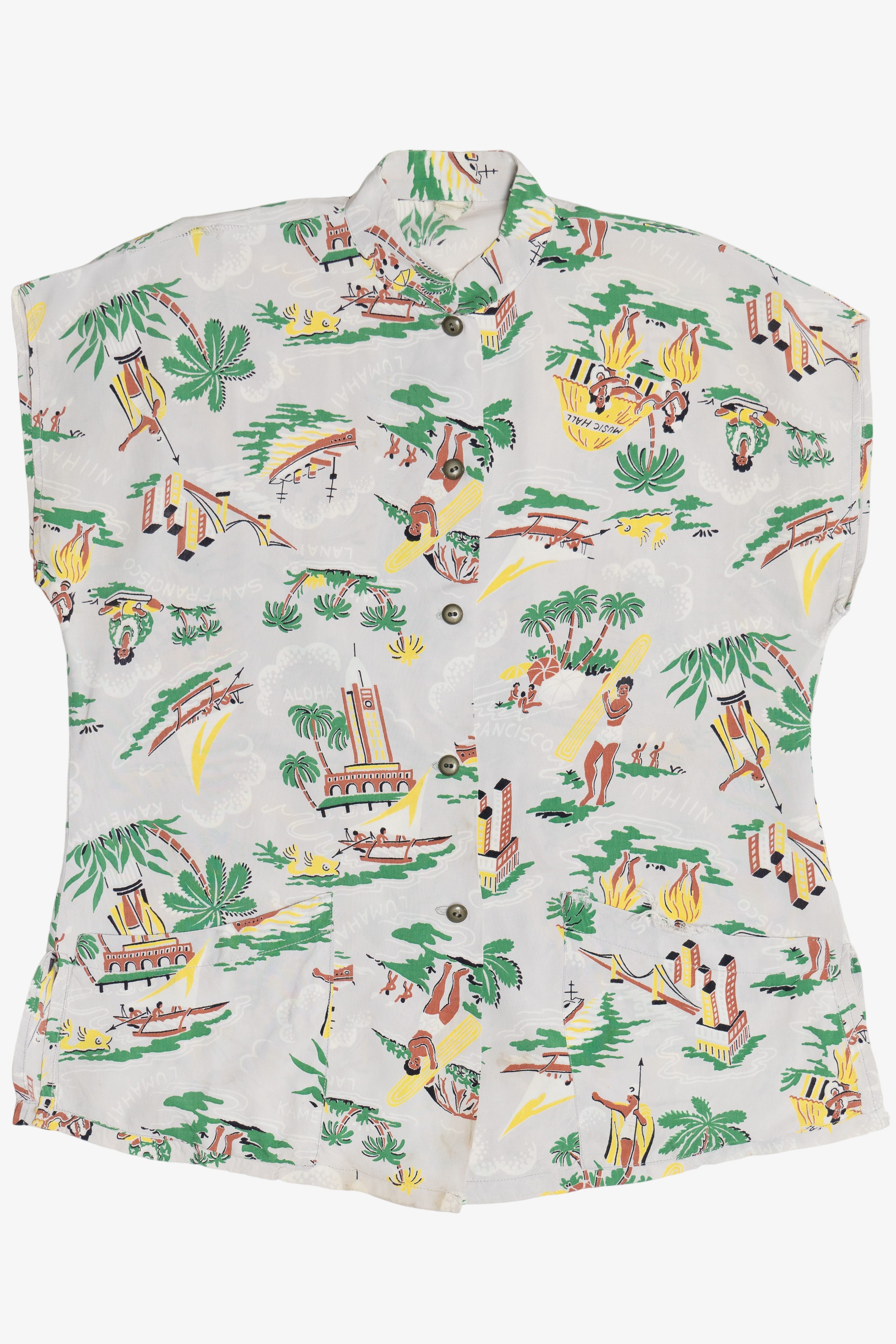 Rare Vintage Hawaiian Sleeveless Mandarin Collar Shirt 40/50s