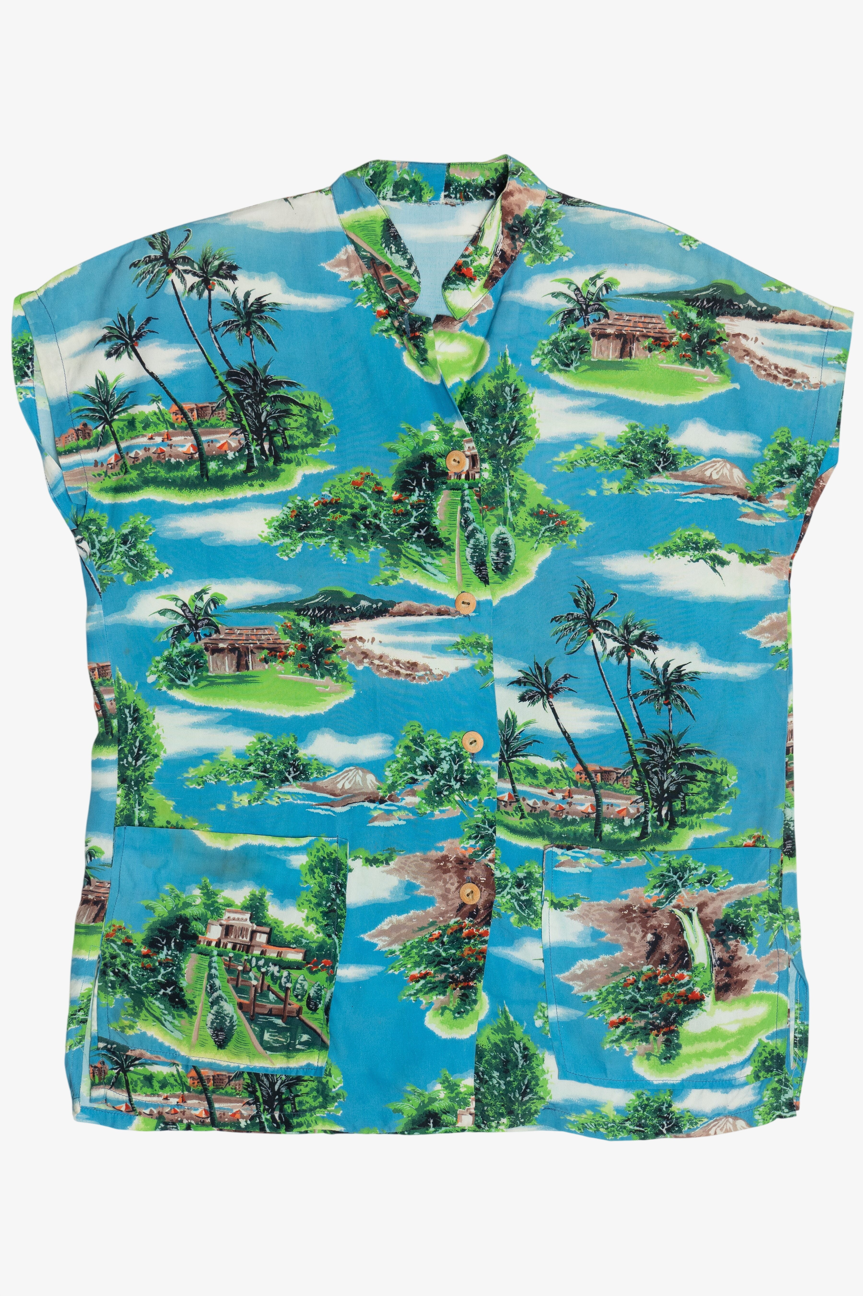 Rare Vintage Hawaiian Sleeveless Double Pocket Mandarin Collar Shirt 40/50s