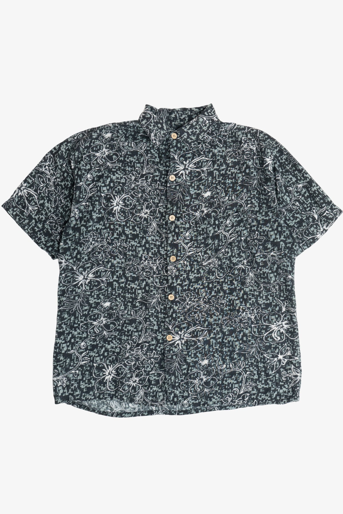 Vintage Pacific Scene Pixelated Floral Hawaiian Shirt (1990s)