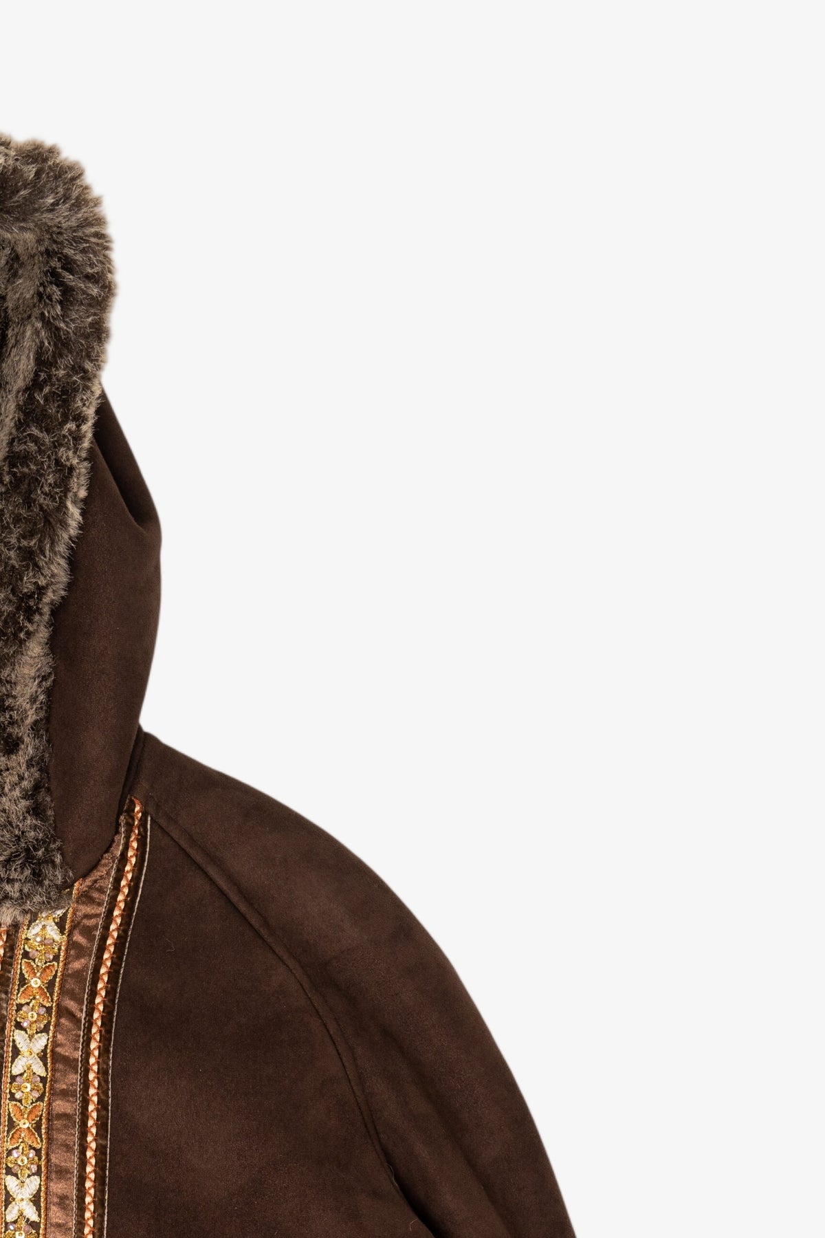 Vintage Y2k Dark Brown Faux Fur Lined Embroidered Hooded Coat (2000s)