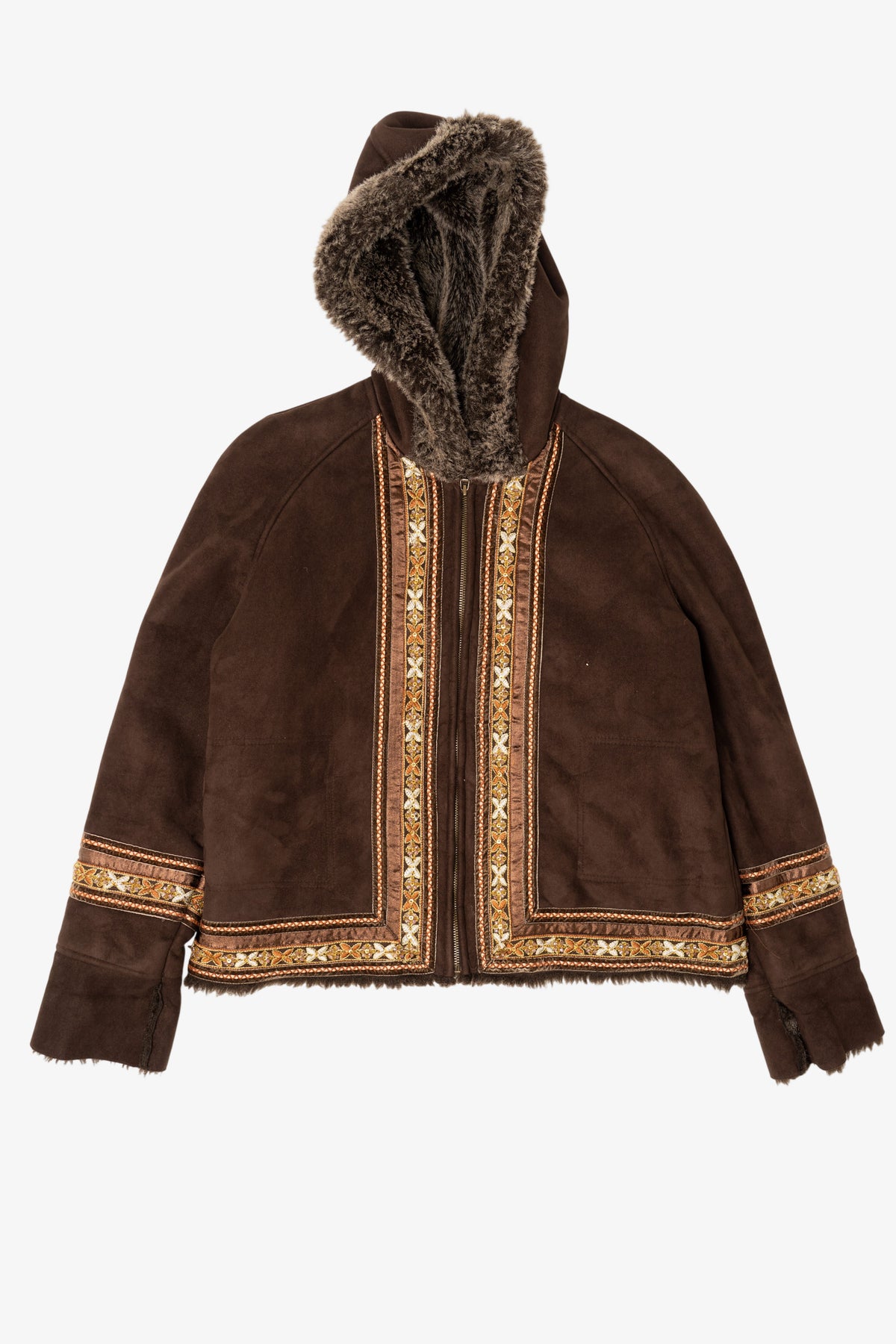 Vintage Y2k Dark Brown Faux Fur Lined Embroidered Hooded Coat (2000s)