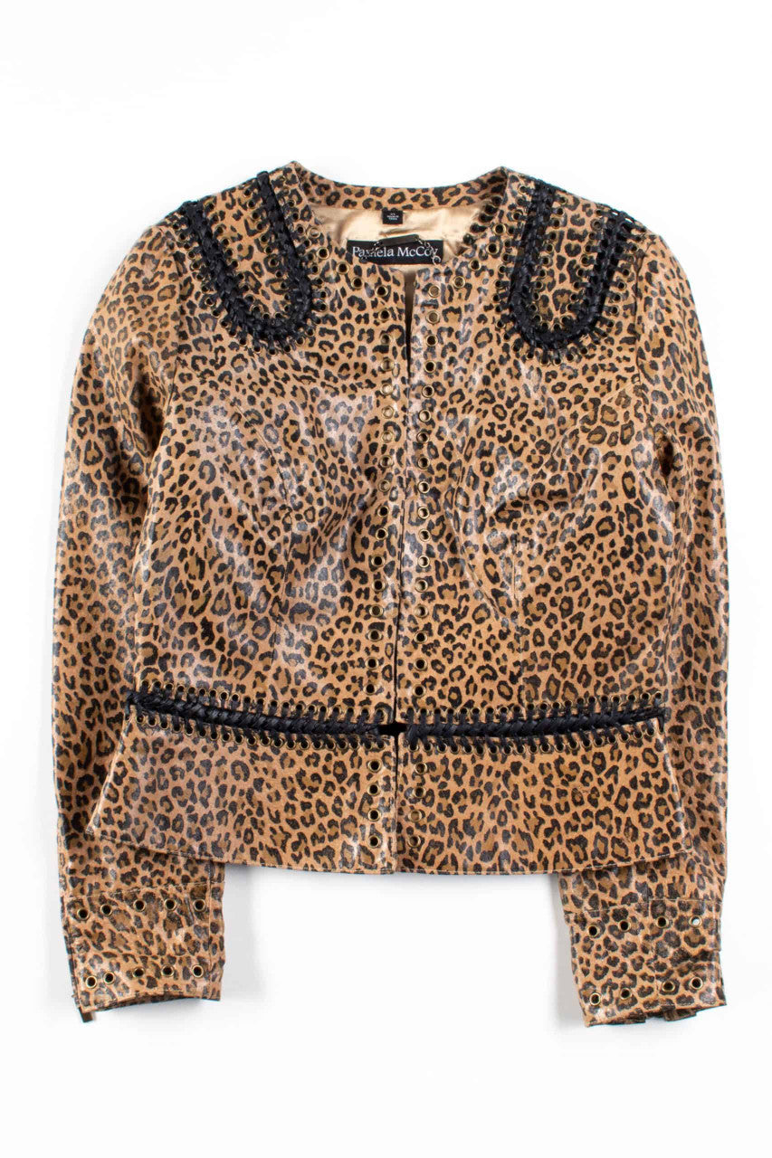 Studded Leopard Print Leather Jacket
