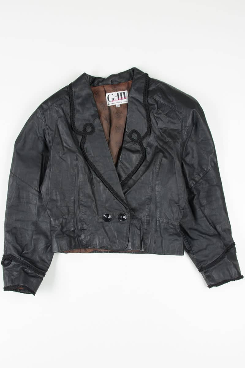 Black Rope Trim Double Button Leather Blazer