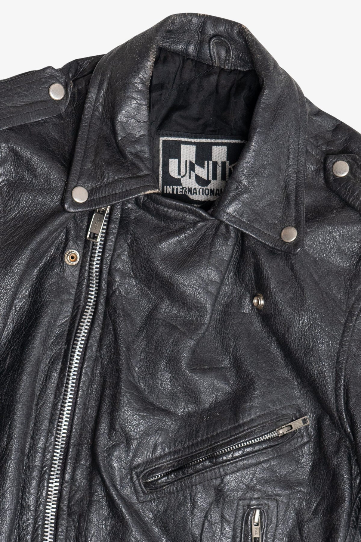Vintage Unik International Inc. Distressed Leather Motorcycle Jacket (1990s)