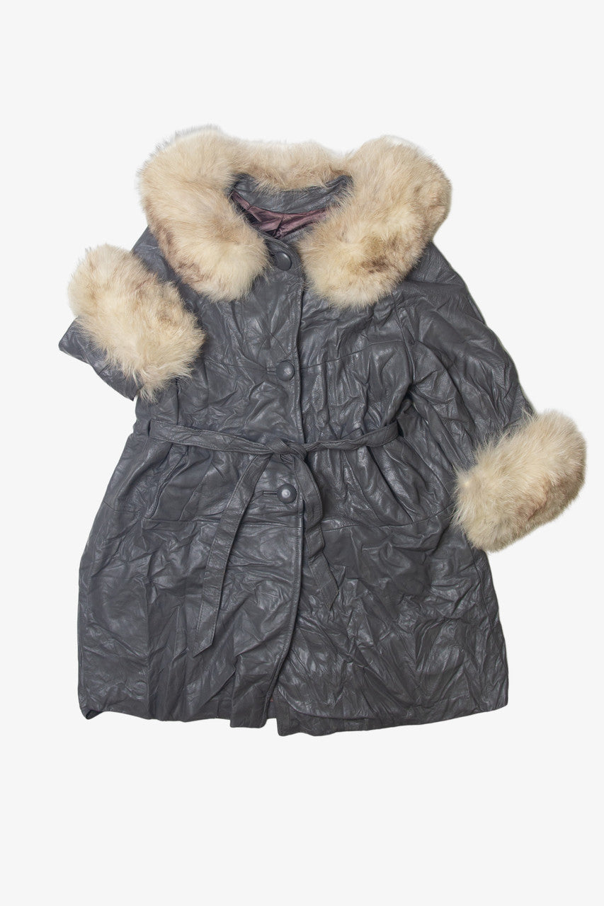 Vintage Faux Fur trim Silver Leather Coat