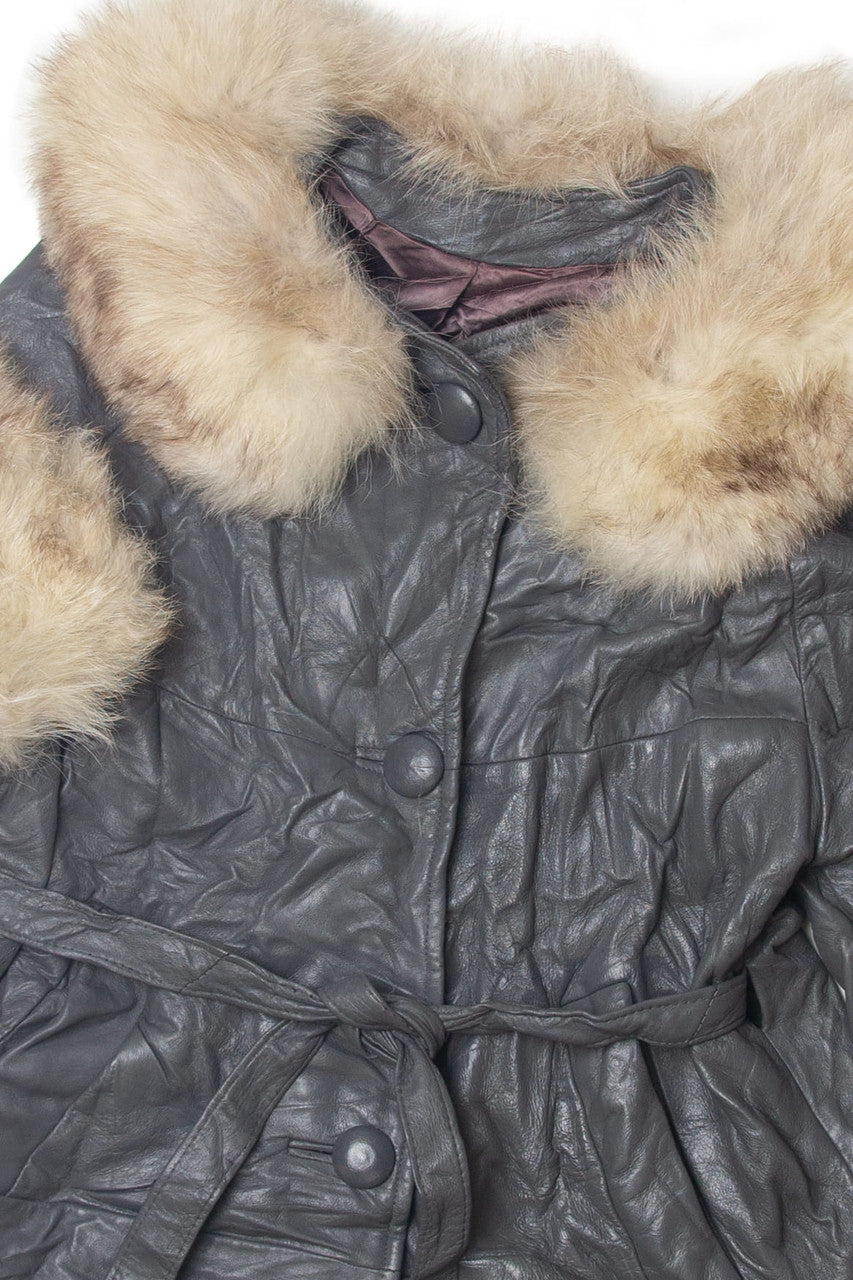 Vintage Faux Fur trim Silver Leather Coat