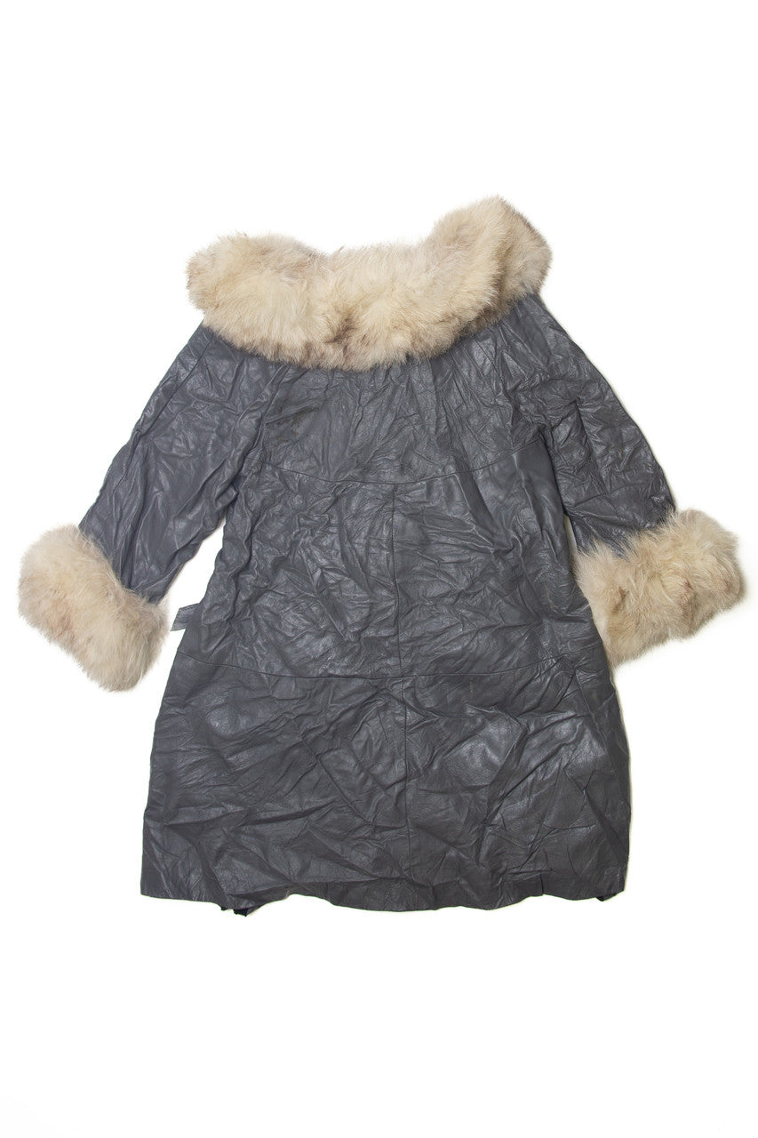 Vintage Faux Fur trim Silver Leather Coat