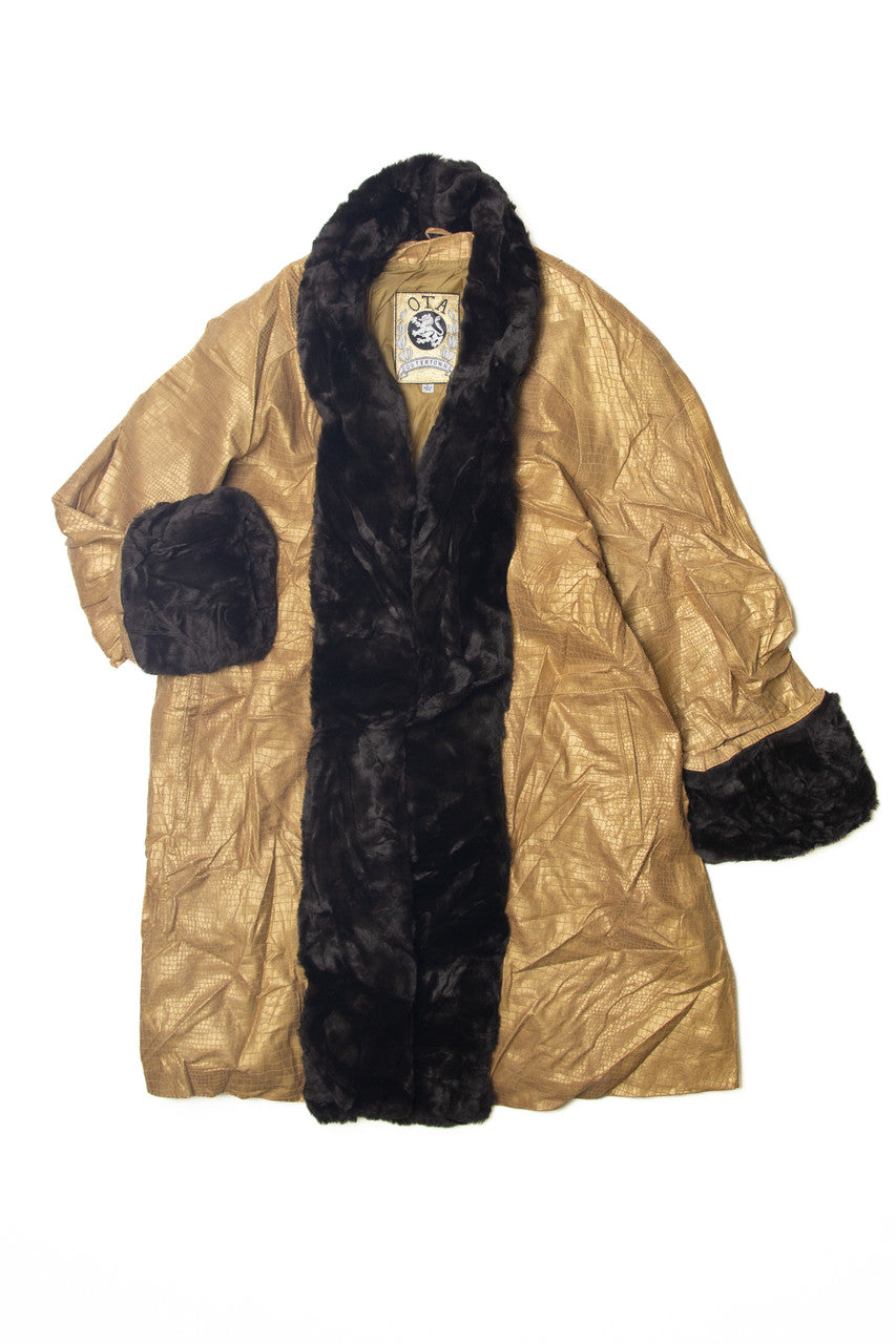 Vintage OTA Faux Fur trim Animal Embossed Metallic Bronze Leather Swing Coat