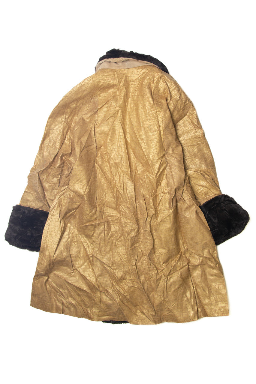 Vintage OTA Faux Fur trim Animal Embossed Metallic Bronze Leather Swing Coat