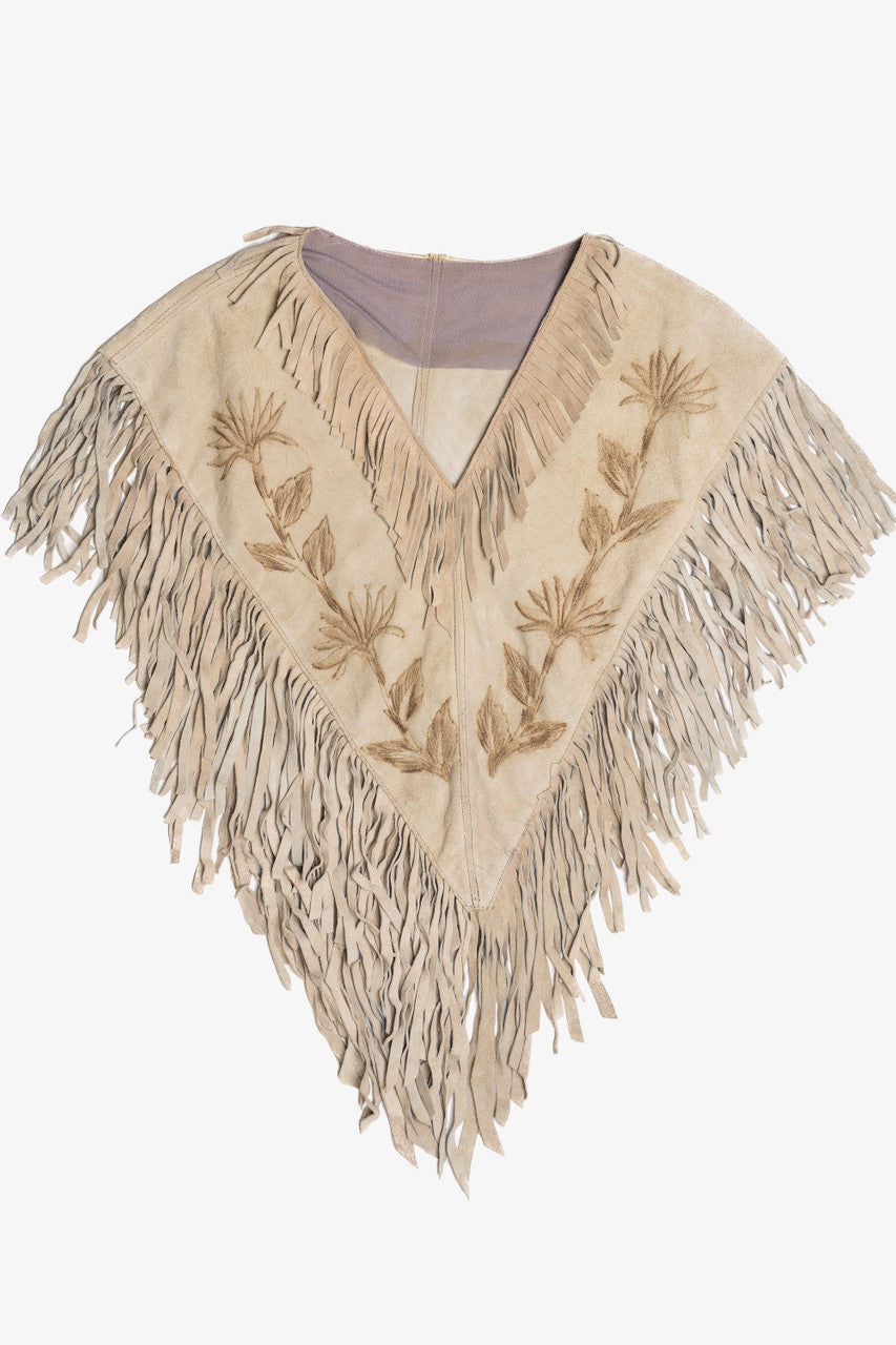 Vintage Tooled Suede Leather Poncho With Fringe