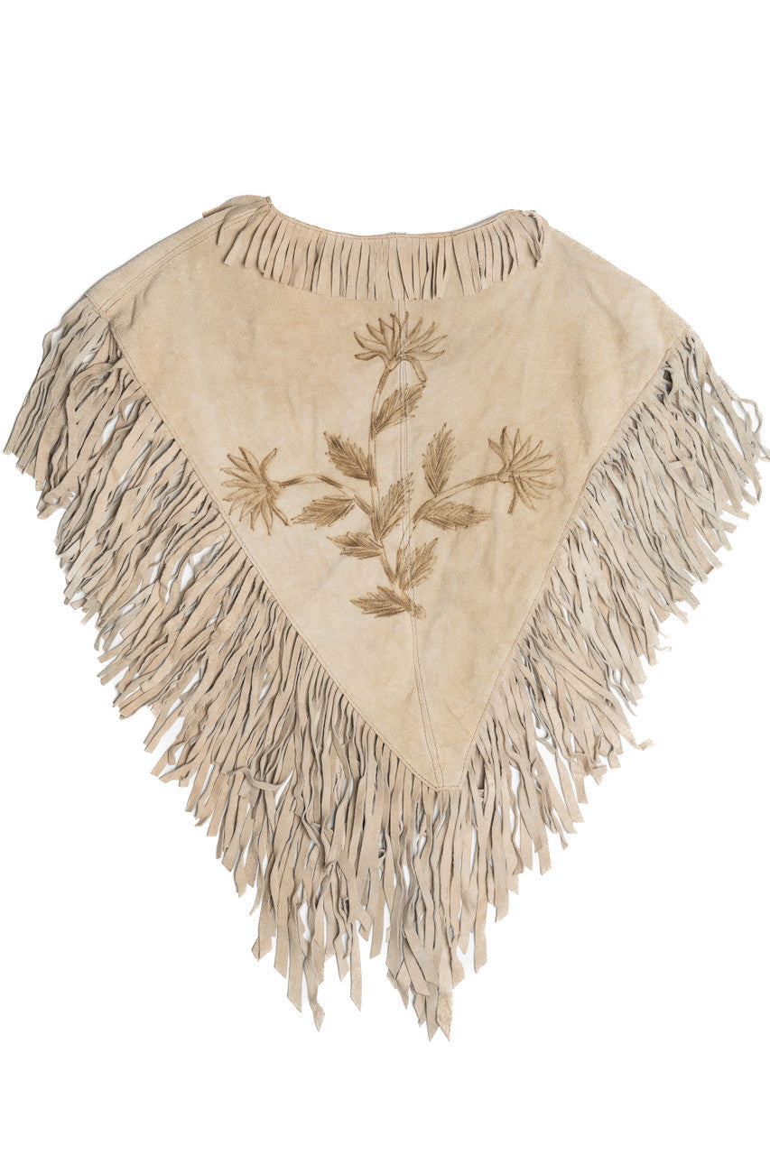 Vintage Tooled Suede Leather Poncho With Fringe