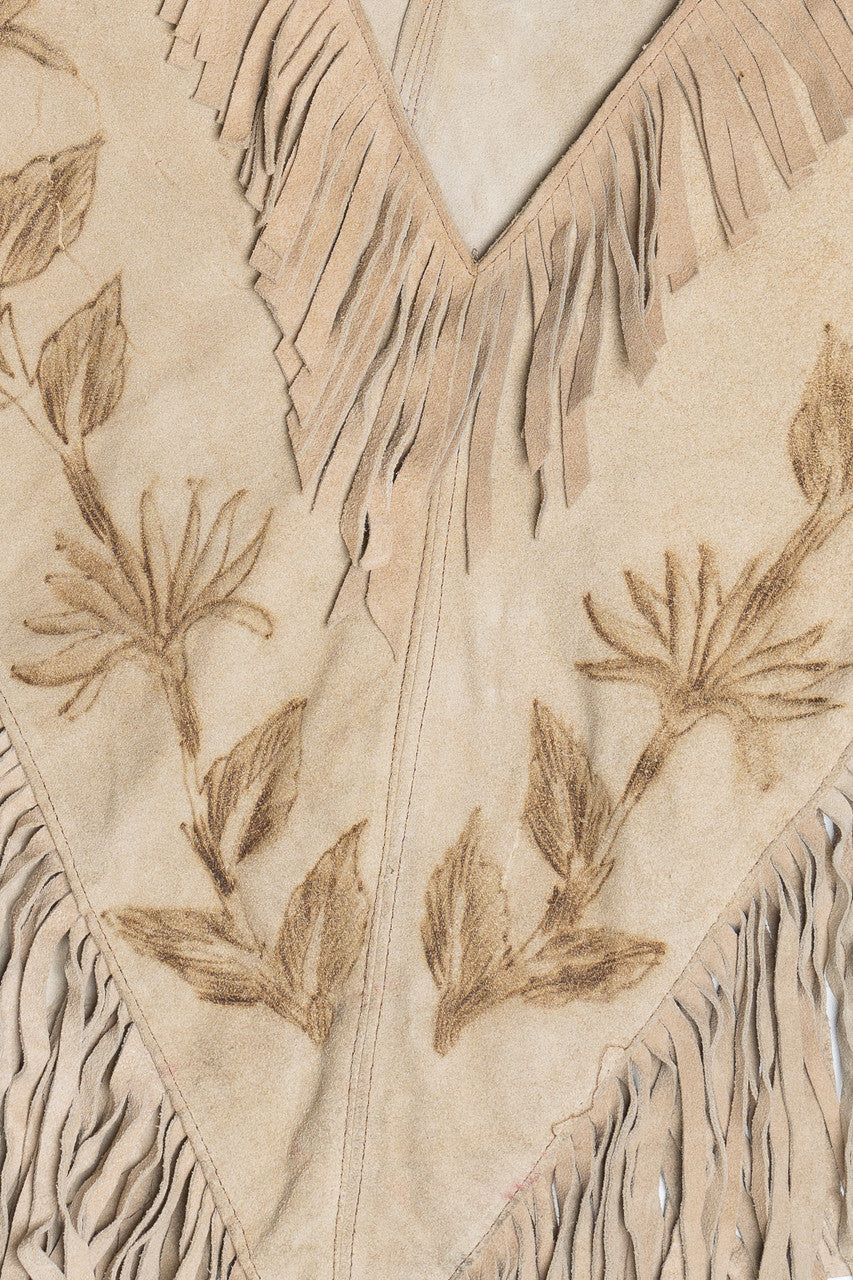 Vintage Tooled Suede Leather Poncho With Fringe