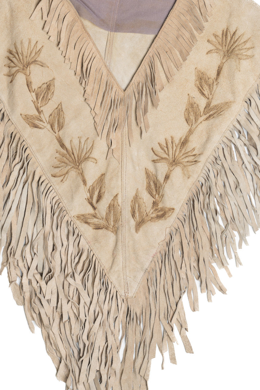 Vintage Tooled Suede Leather Poncho With Fringe