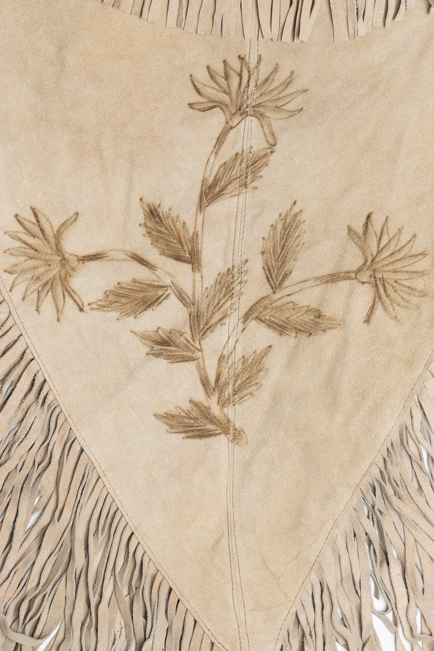 Vintage Tooled Suede Leather Poncho With Fringe