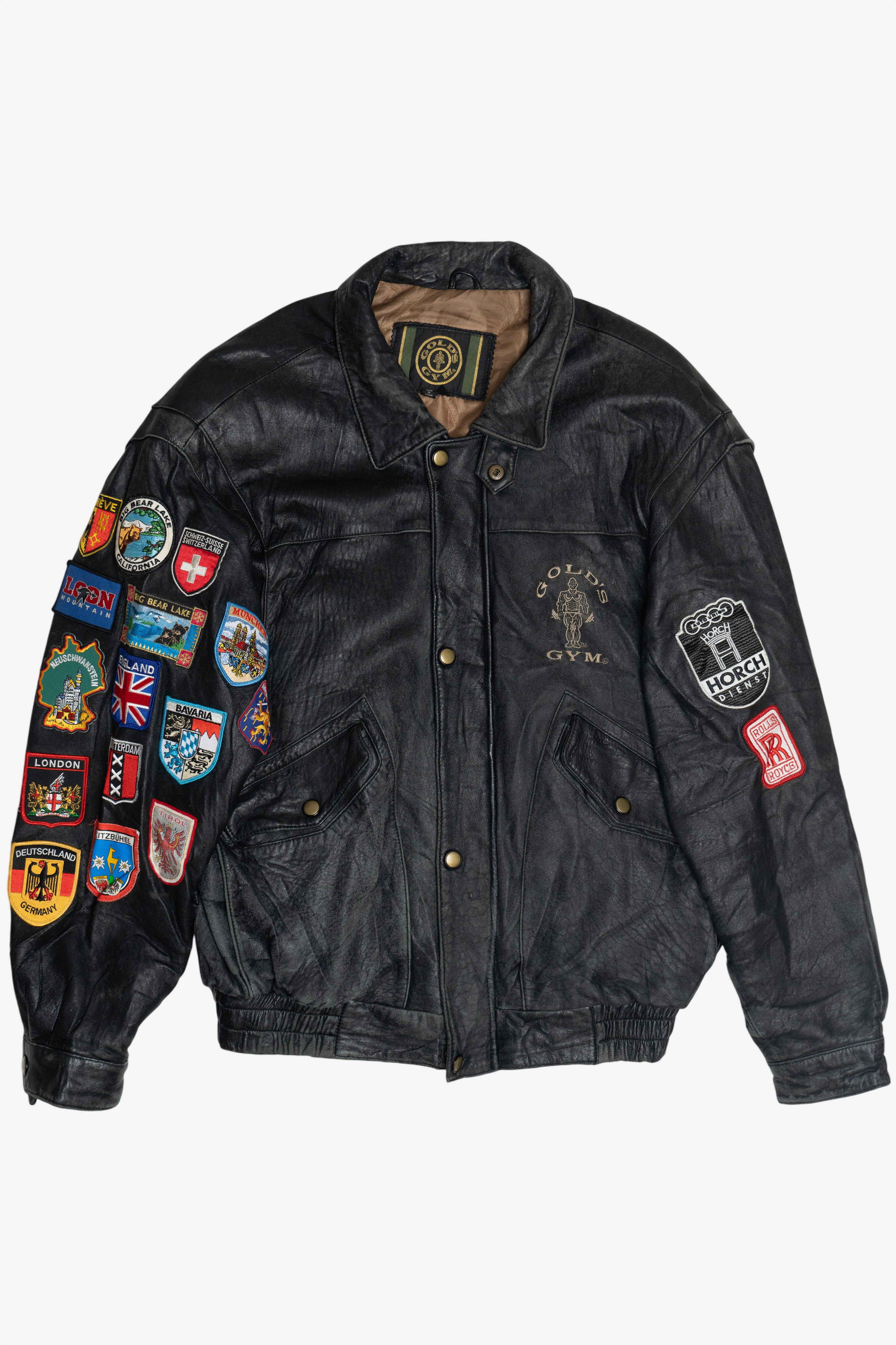Vintage Distressed Gold's Gym Embroidered Leather Jacket With Car & Travel Patches (1990s)