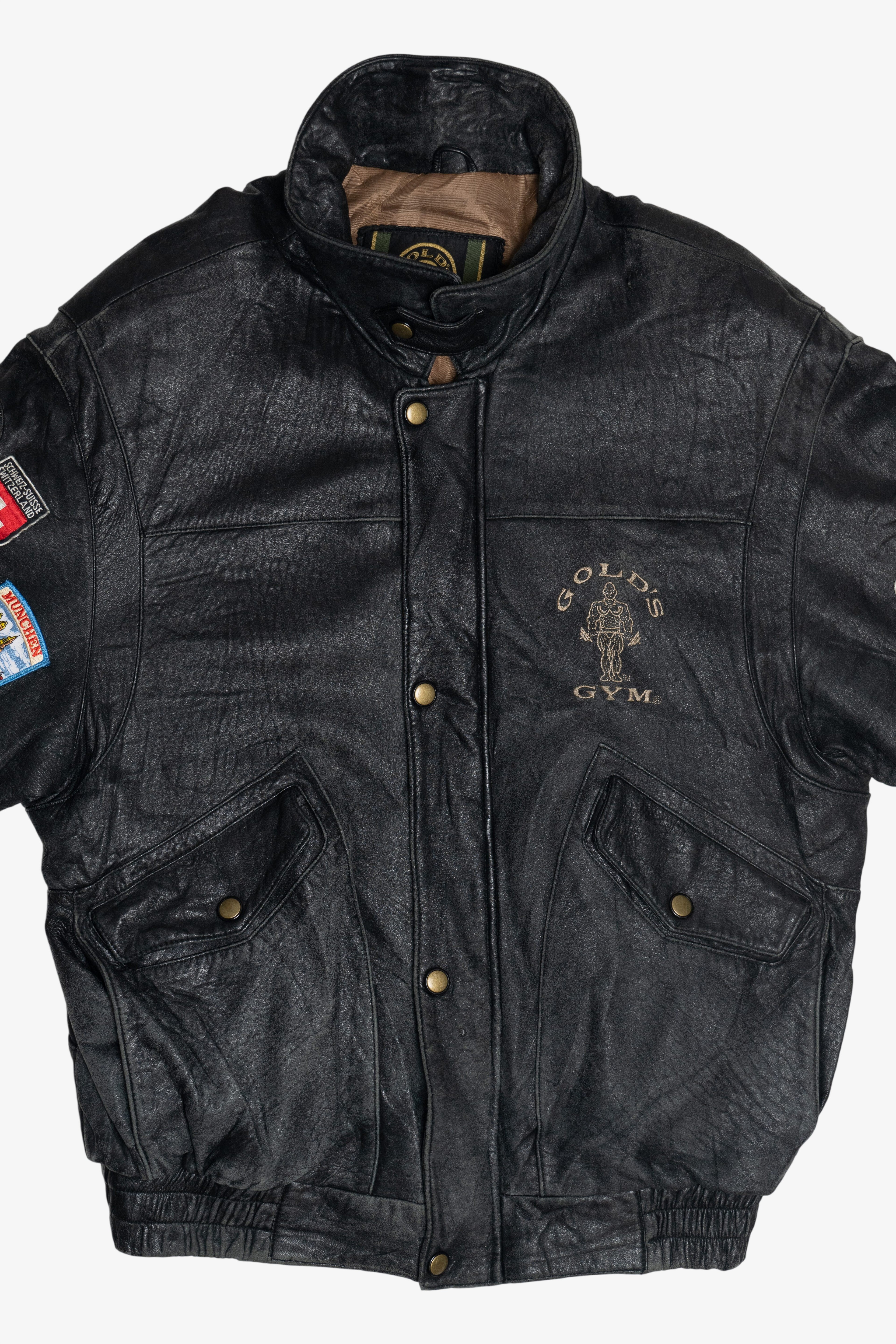 Vintage Distressed Gold's Gym Embroidered Leather Jacket With Car & Travel Patches (1990s)