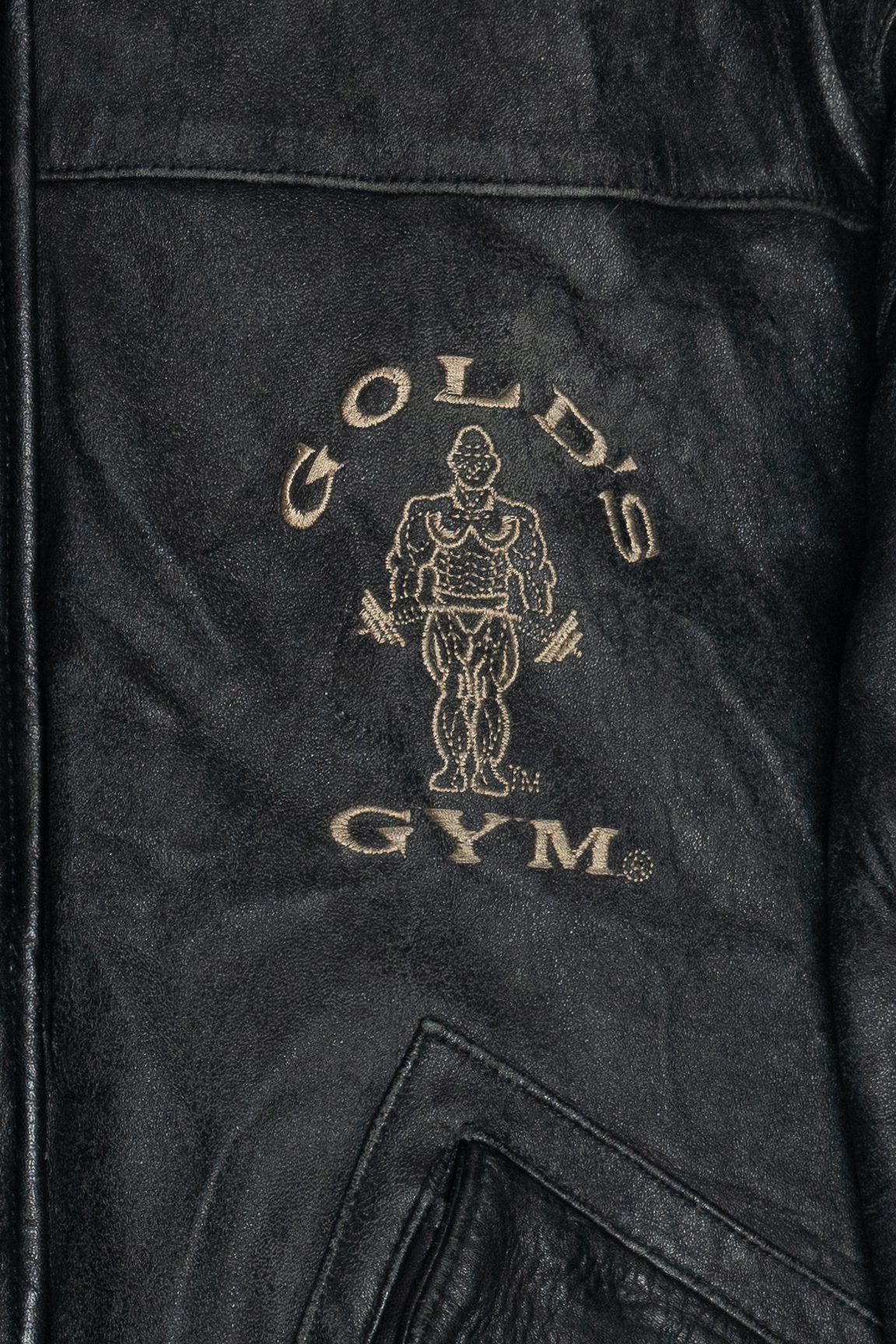 Vintage Distressed Gold's Gym Embroidered Leather Jacket With Car & Travel Patches (1990s)