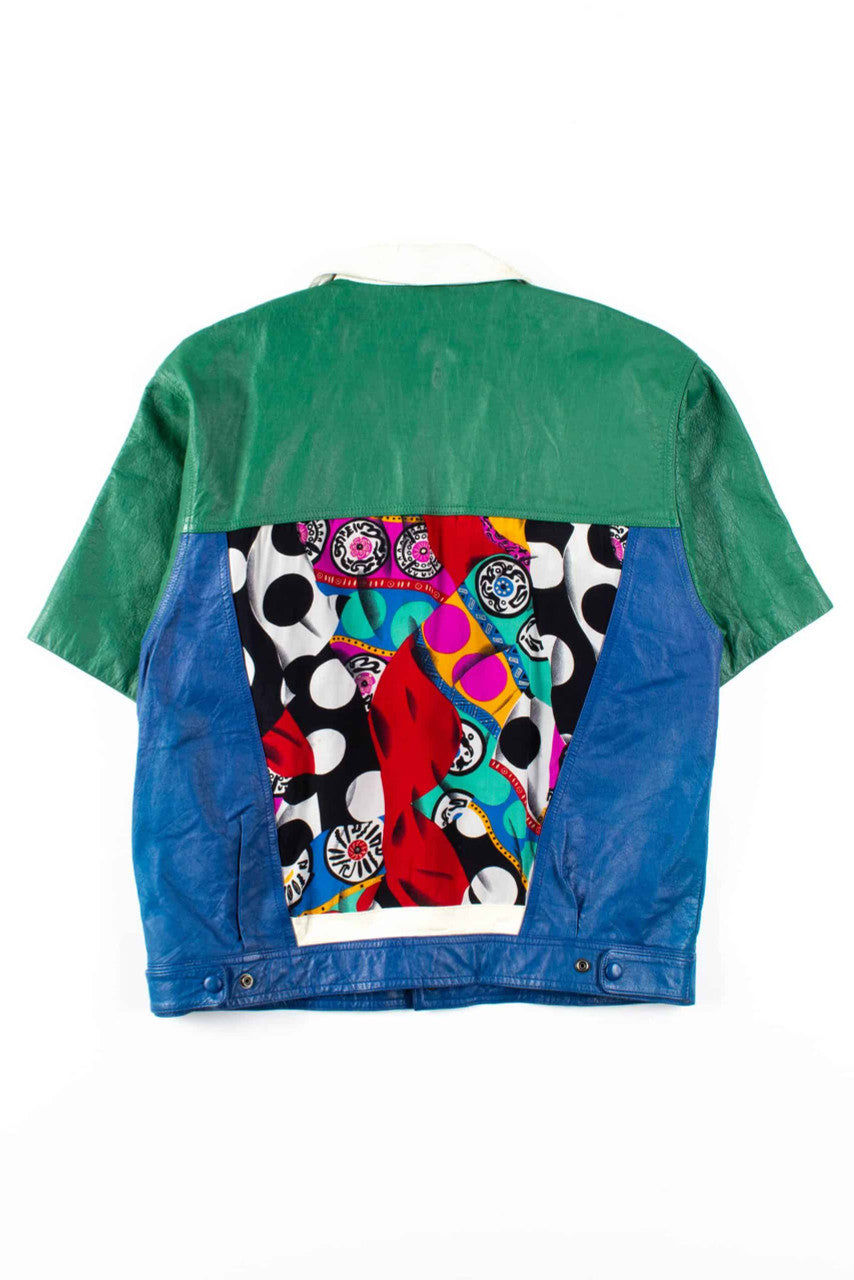 Color Block Short Sleeve Leather Shirt Jacket